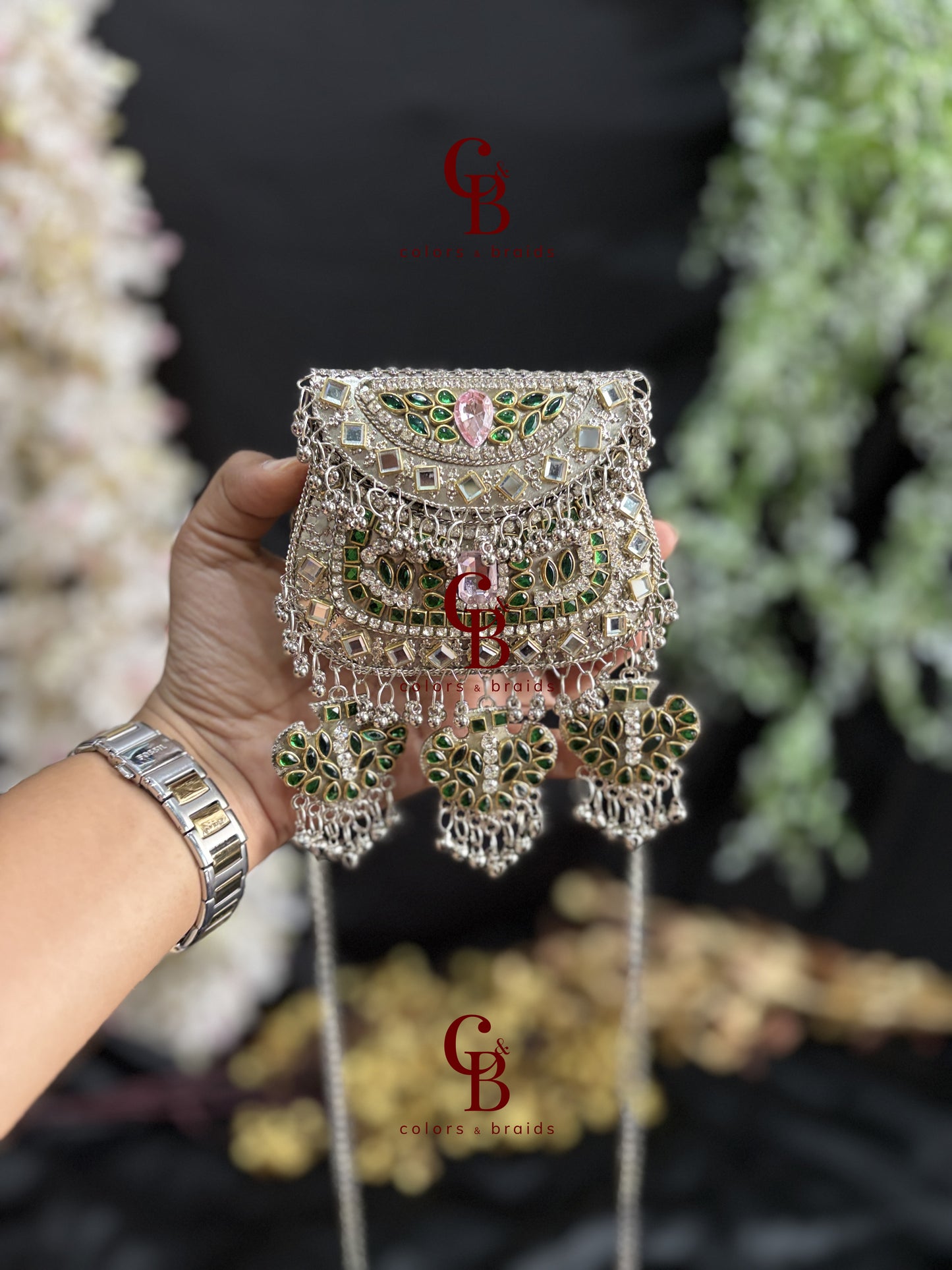 Pink and Green Ghungroo Kundan Clutch with (With Ghungroo Sound)