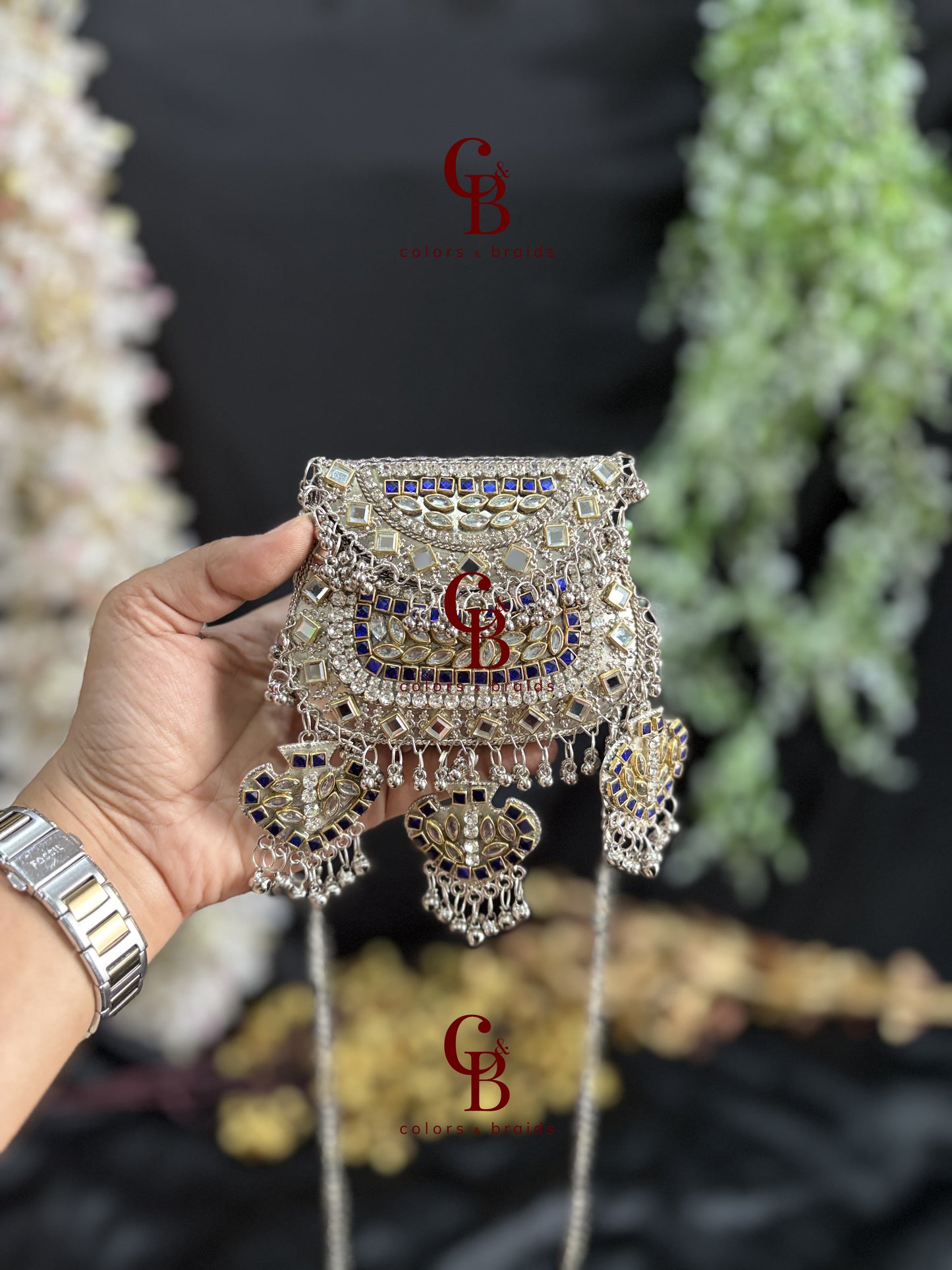 Ghungroo Kundan Clutch with Blue Stones (With Ghungroo Sound)