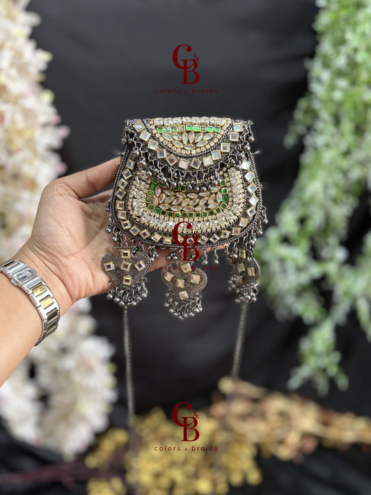 Metal Ghungroo Kundan Clutch with Grey Base
