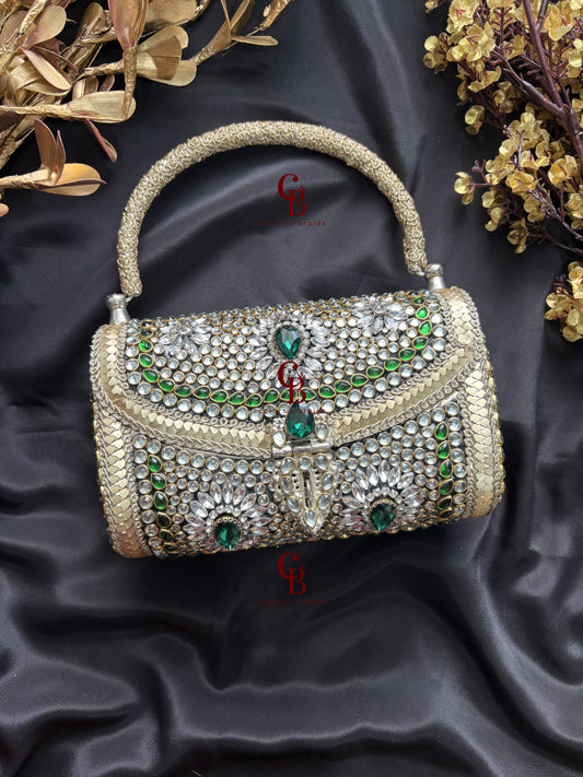 Rajgharana Emerald Brass Kundan Clutch - Rectangle Shape