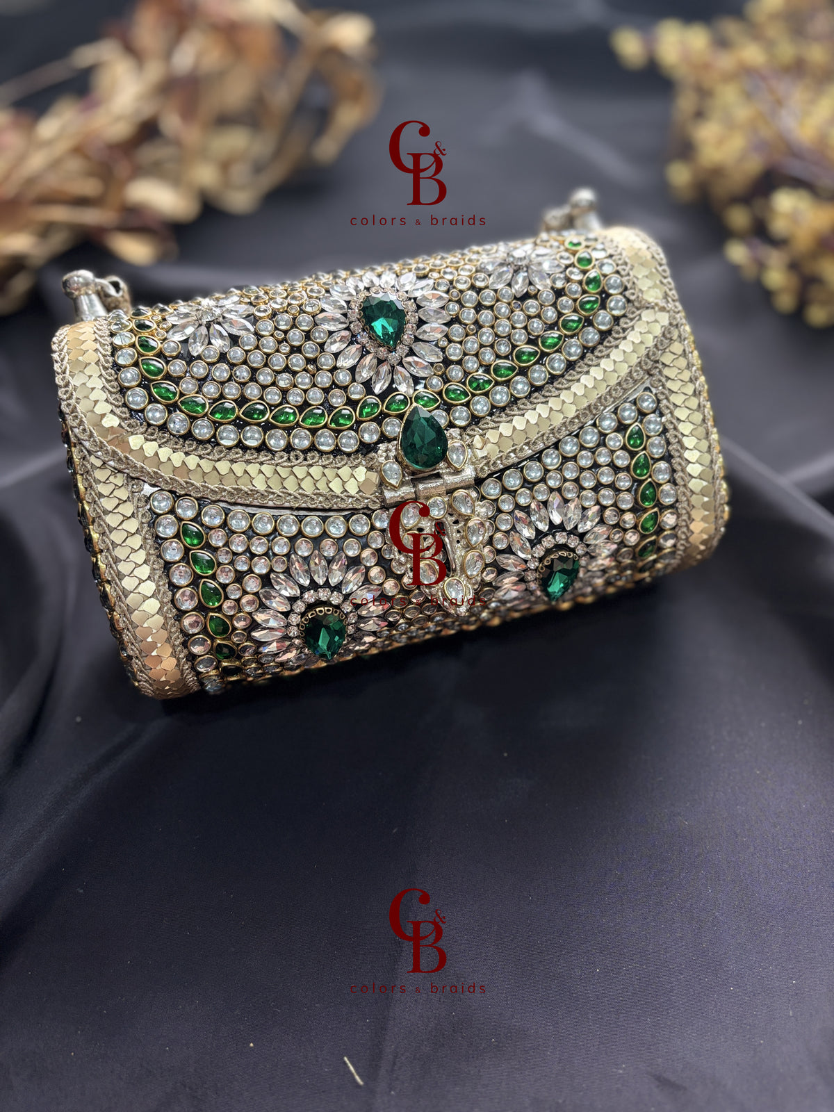 Rajgharana Emerald Brass Kundan Clutch - Rectangle Shape