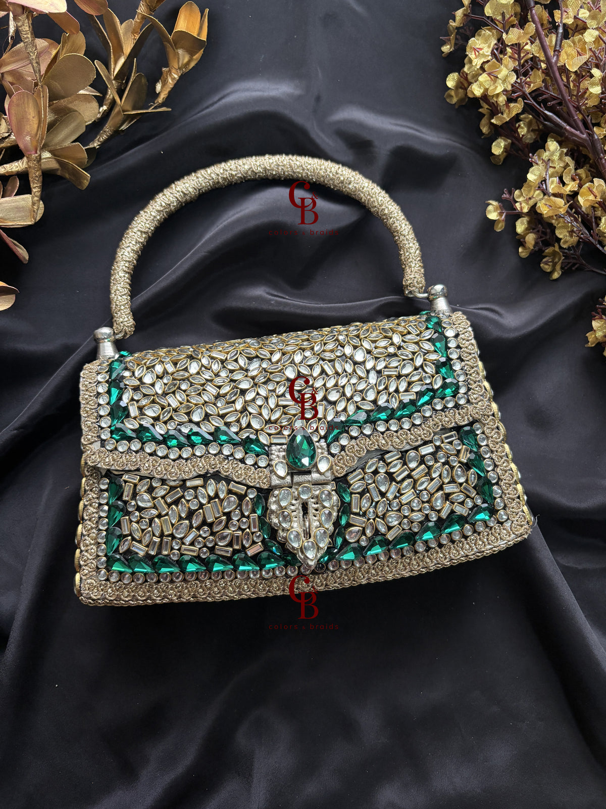 Rajgharana Emerald Crystals Brass Kundan Clutch