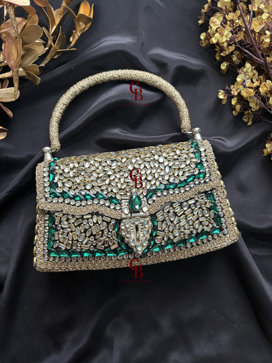 Rajgharana Emerald Crystals Brass Kundan Clutch