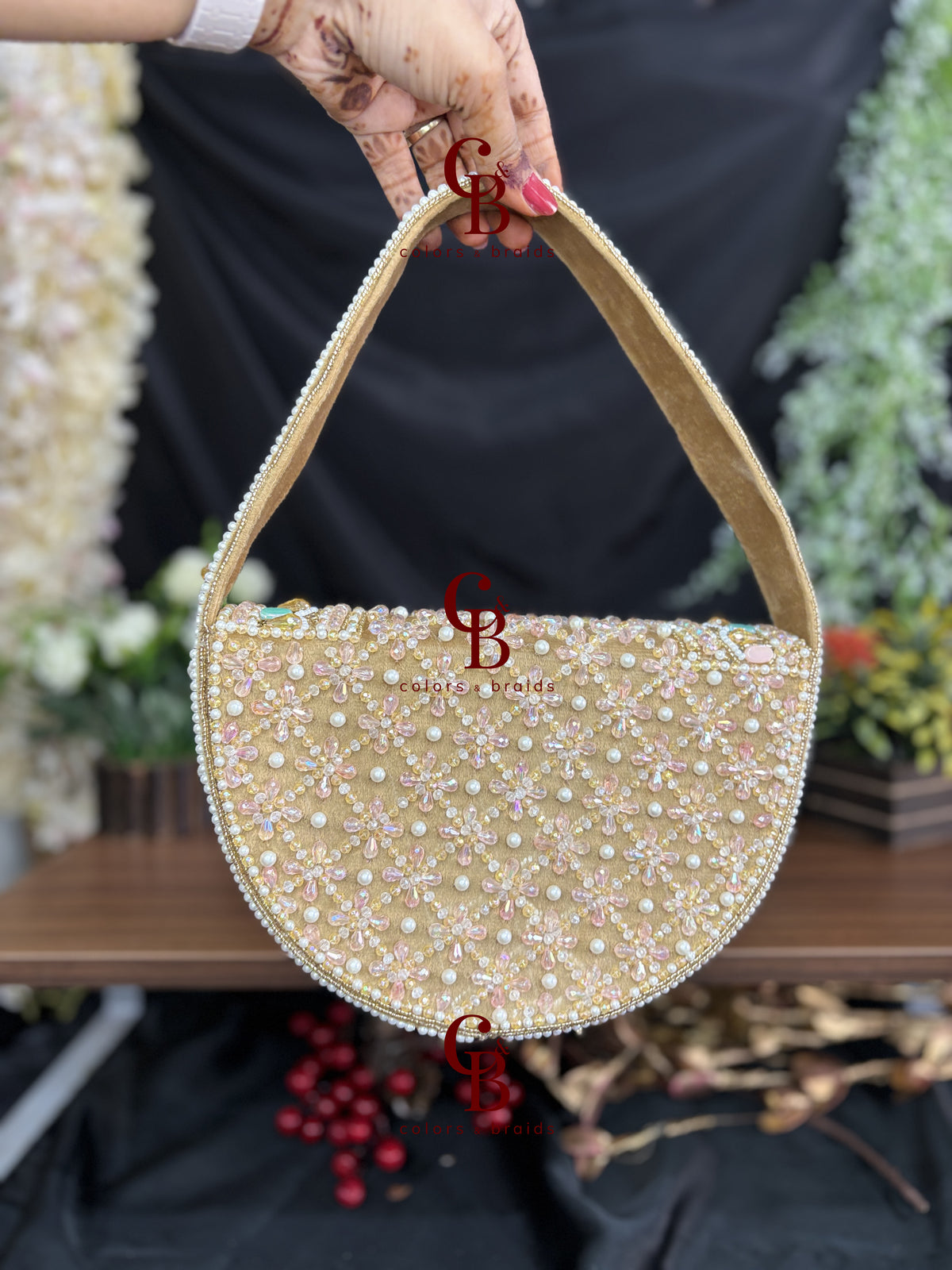 Ayla Crescent Pastel Beaded Clutch with Handle