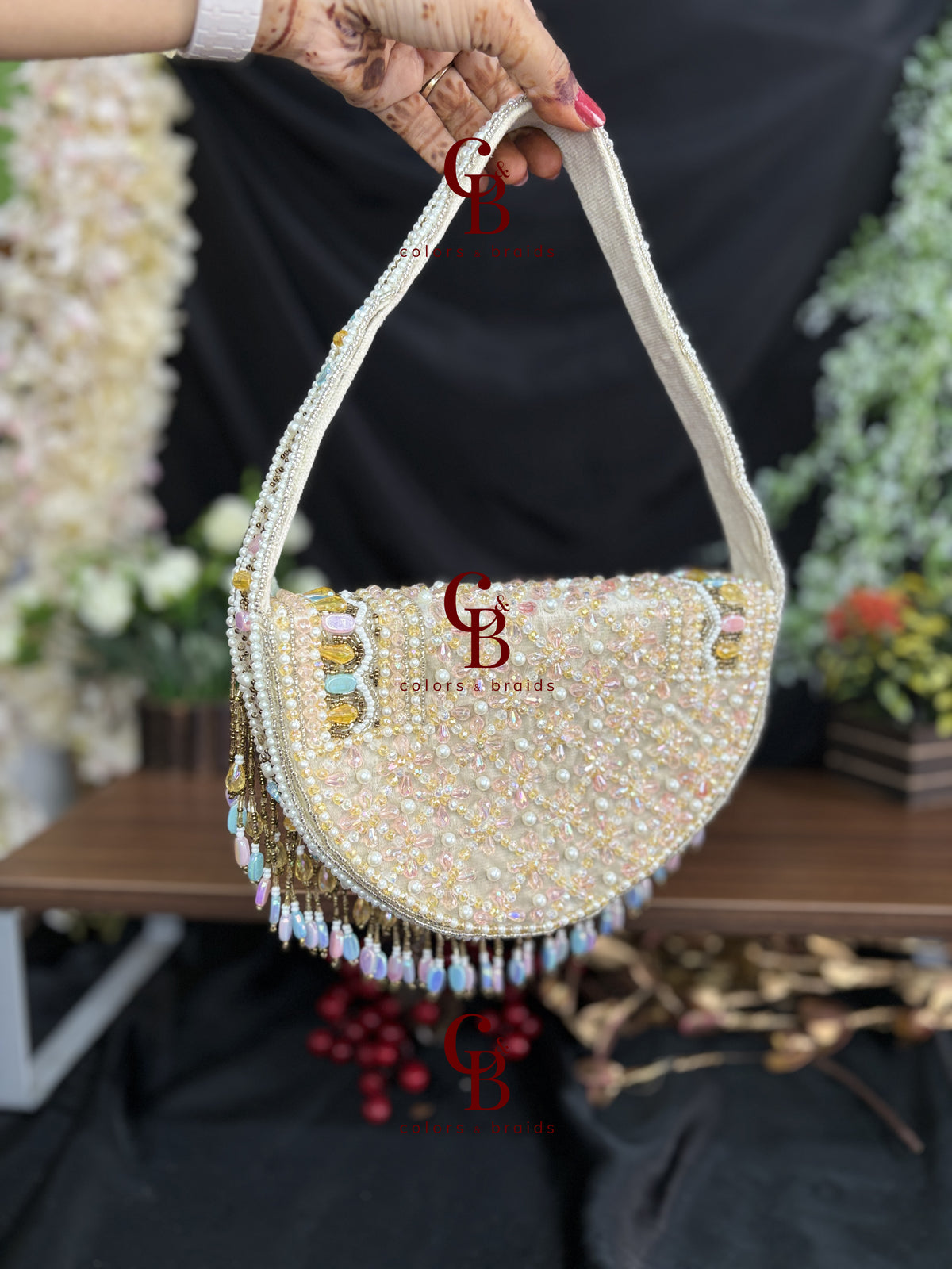 Ayla Crescent Pastel Beaded Clutch with Handle