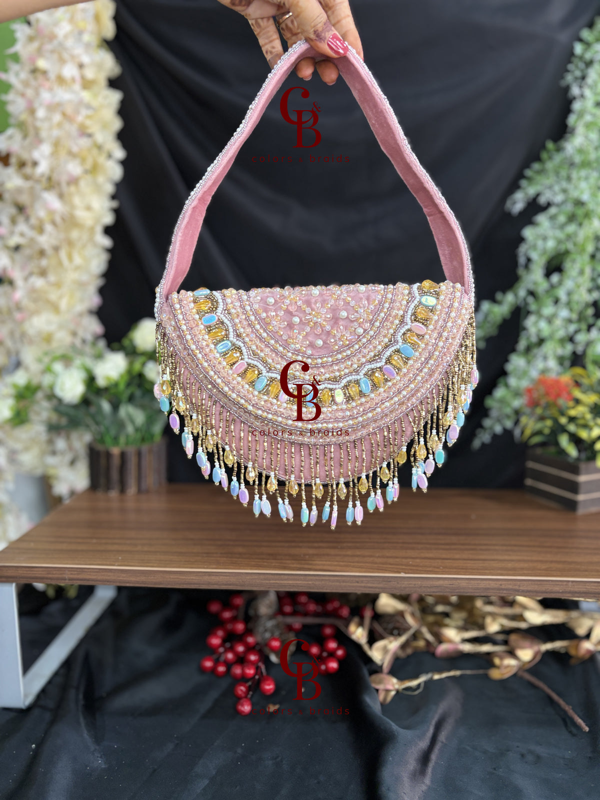 Ayla Crescent Pastel Beaded Clutch with Handle