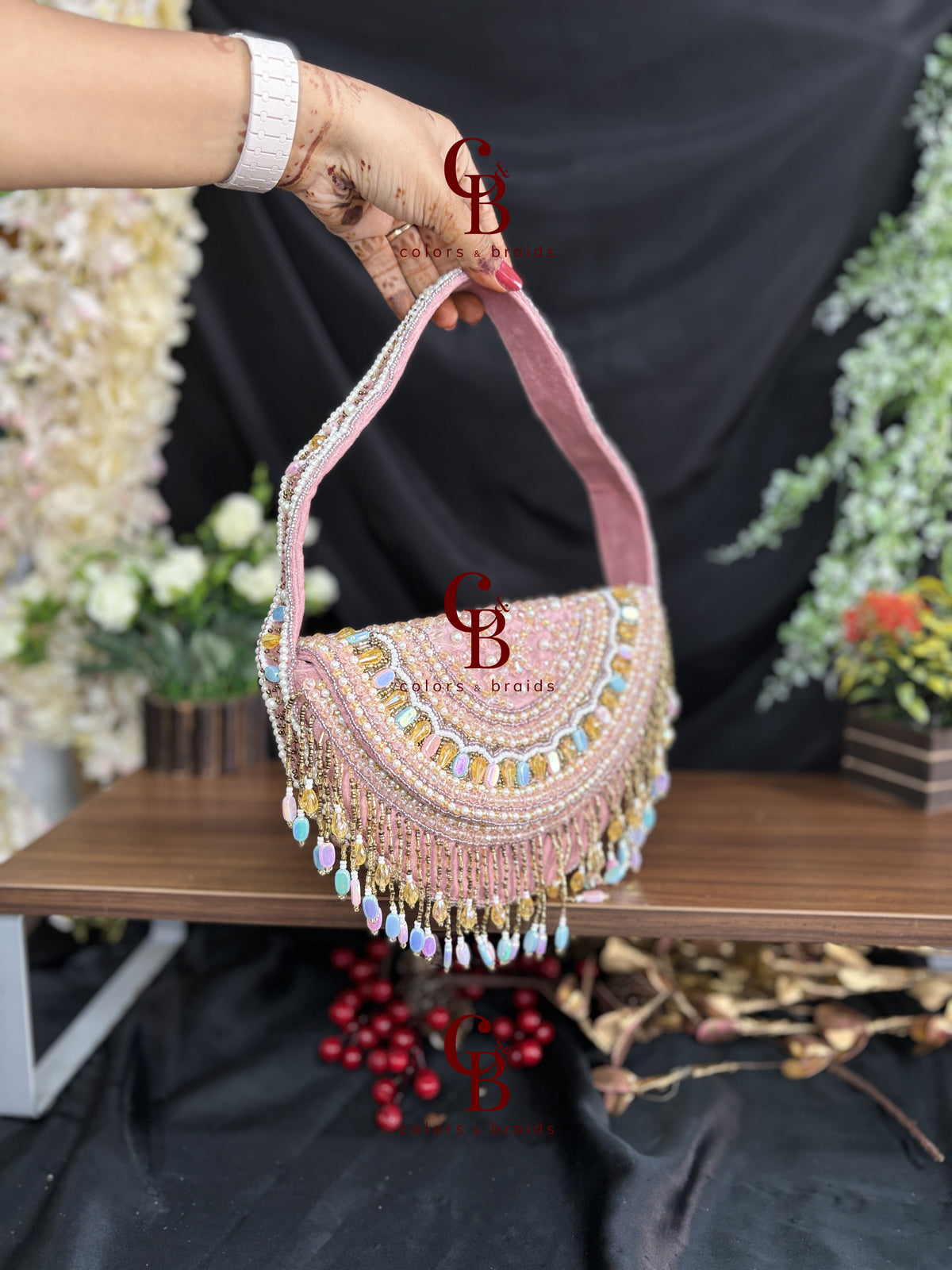 Ayla Crescent Pastel Beaded Clutch with Handle