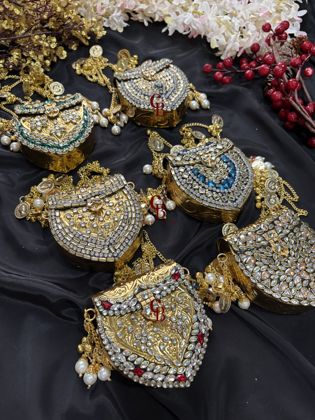 Mini Brass Kundan Stone Clutch with Charm Tassel Chain