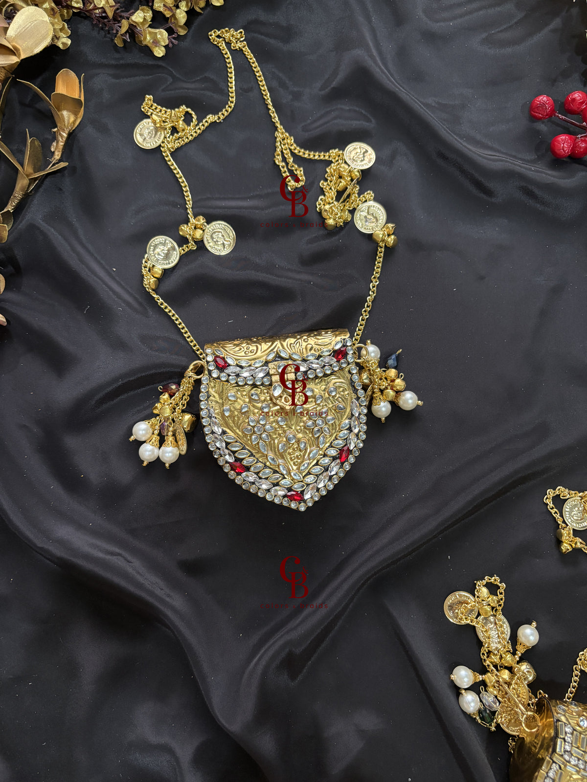 Mini Brass Kundan Stone Clutch with Charm Tassel Chain