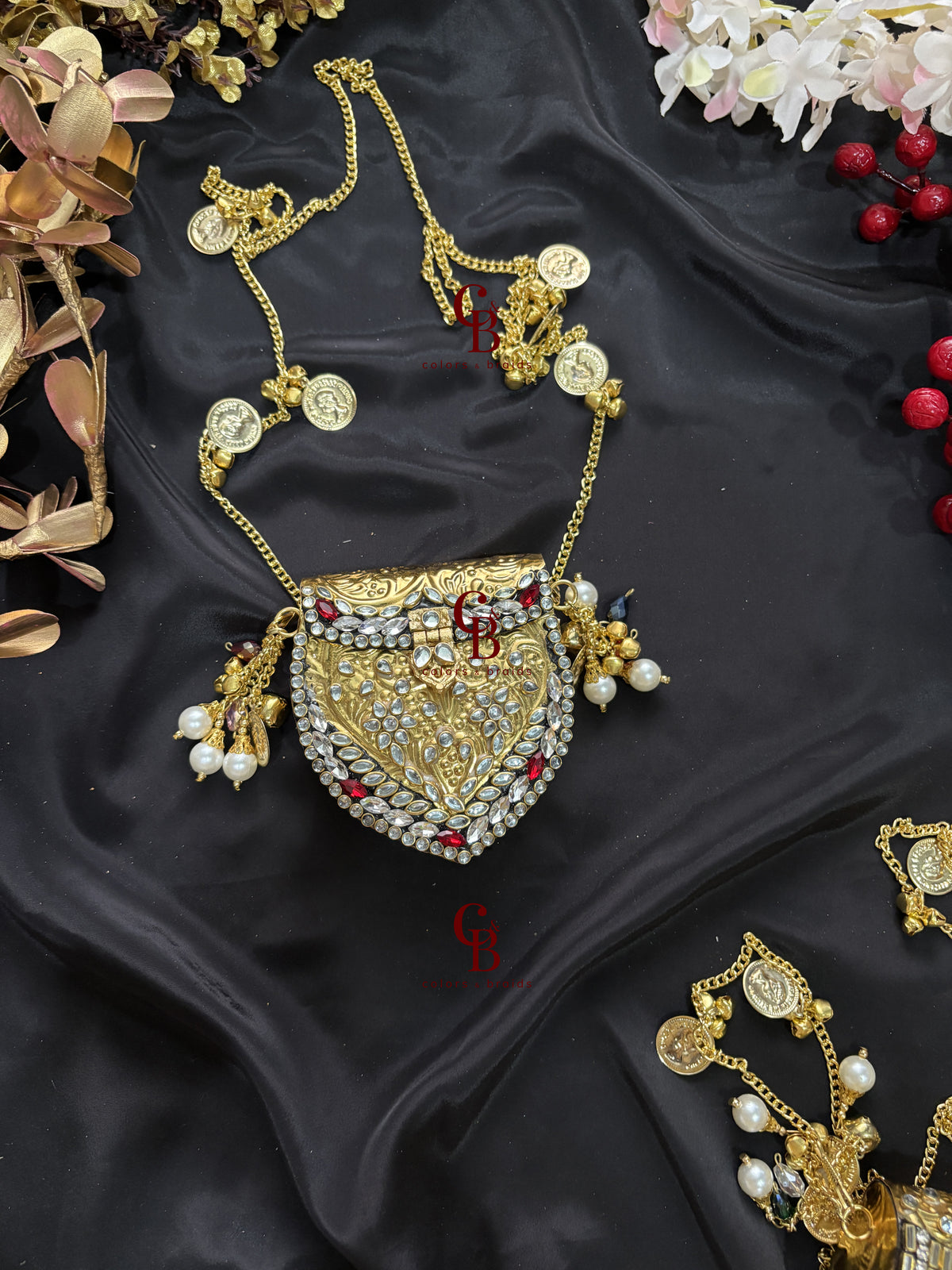 Mini Brass Kundan Stone Clutch with Charm Tassel Chain