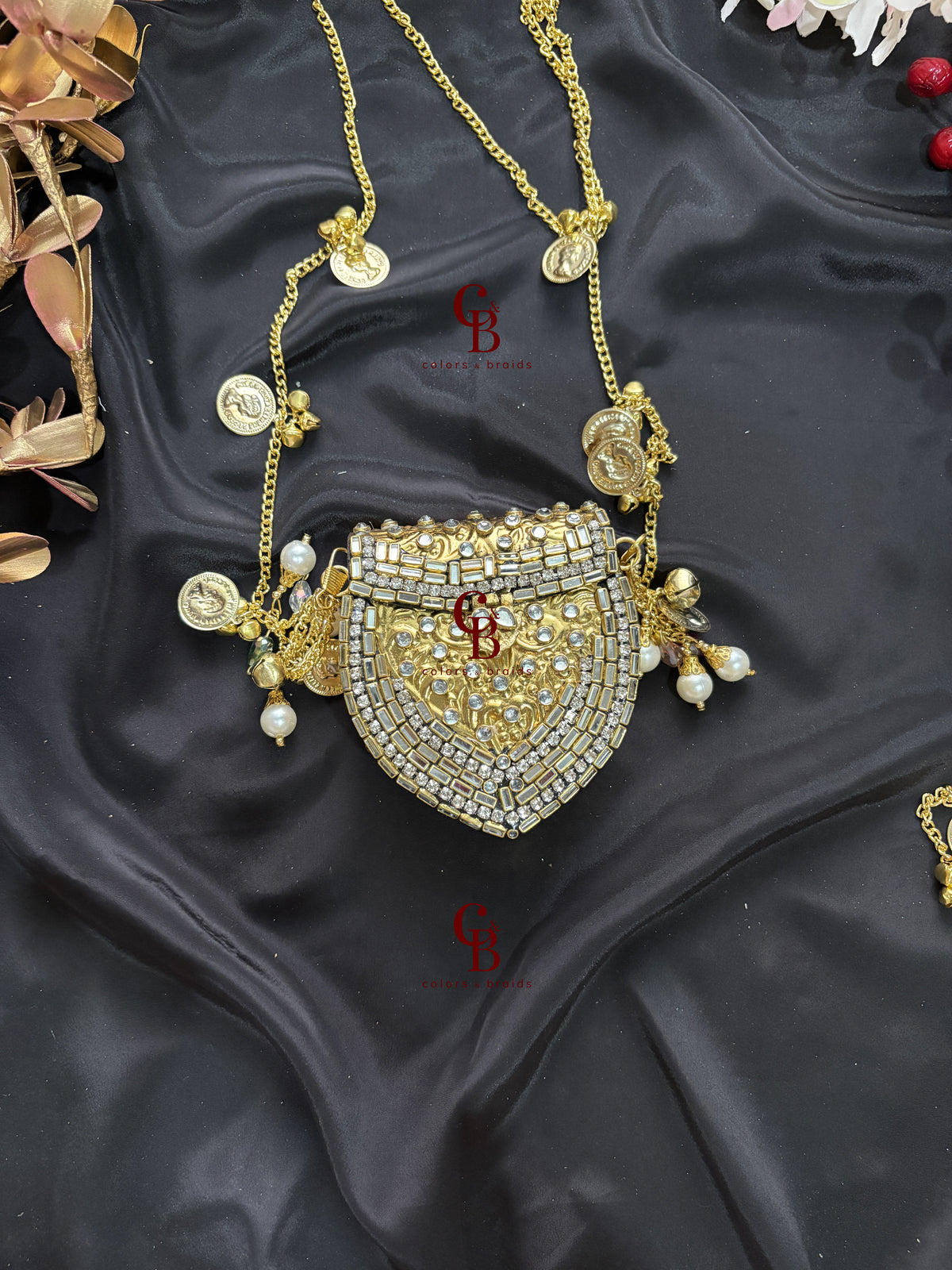 Mini Brass Kundan Stone Clutch with Charm Tassel Chain