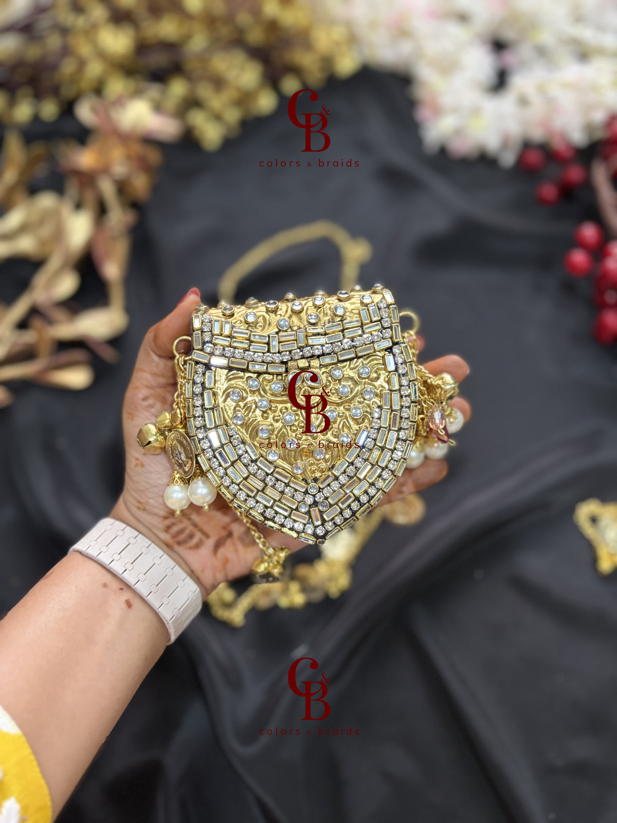Mini Brass Kundan Stone Clutch with Charm Tassel Chain