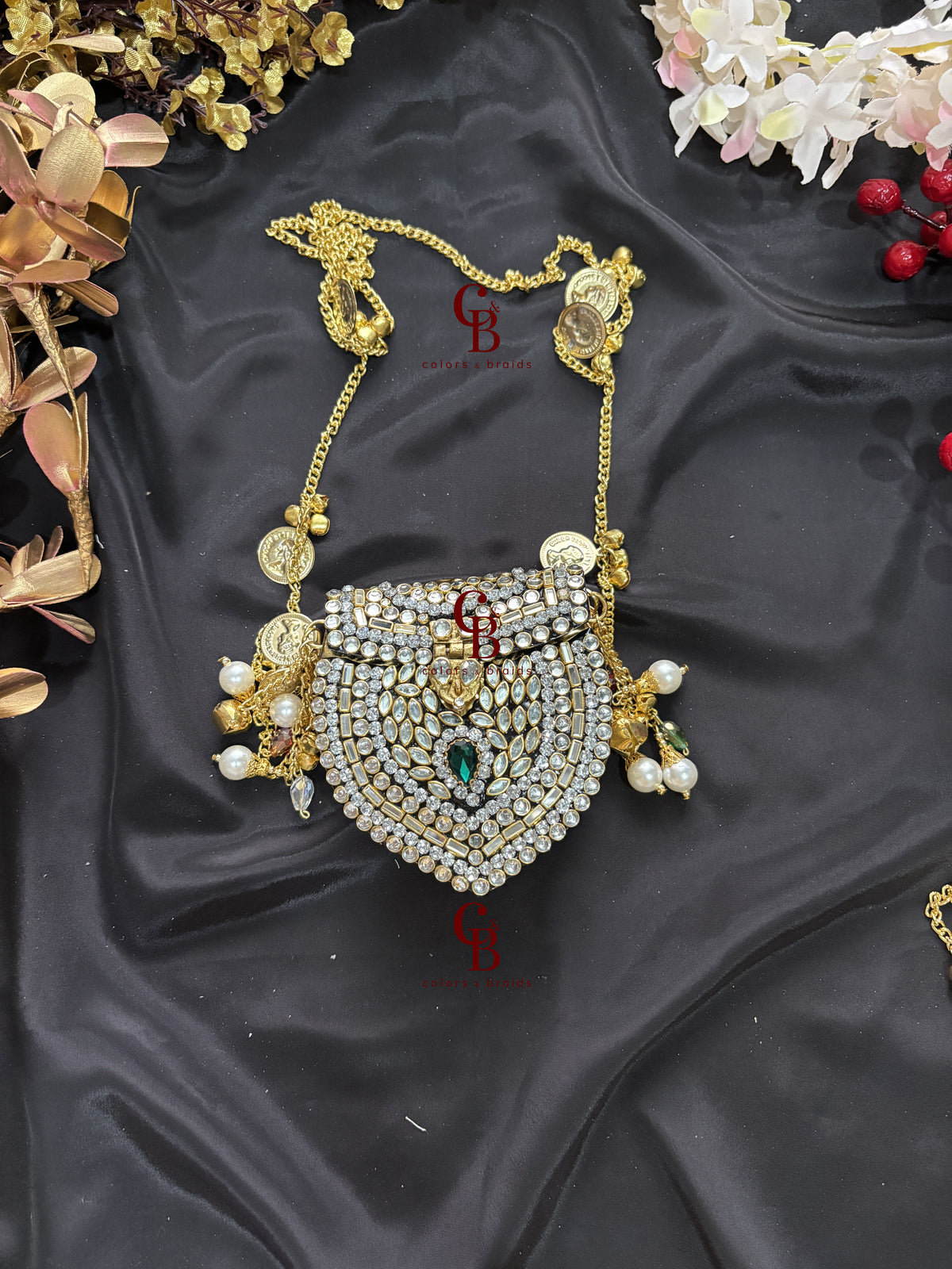 Mini Brass Kundan Stone Clutch with Charm Tassel Chain
