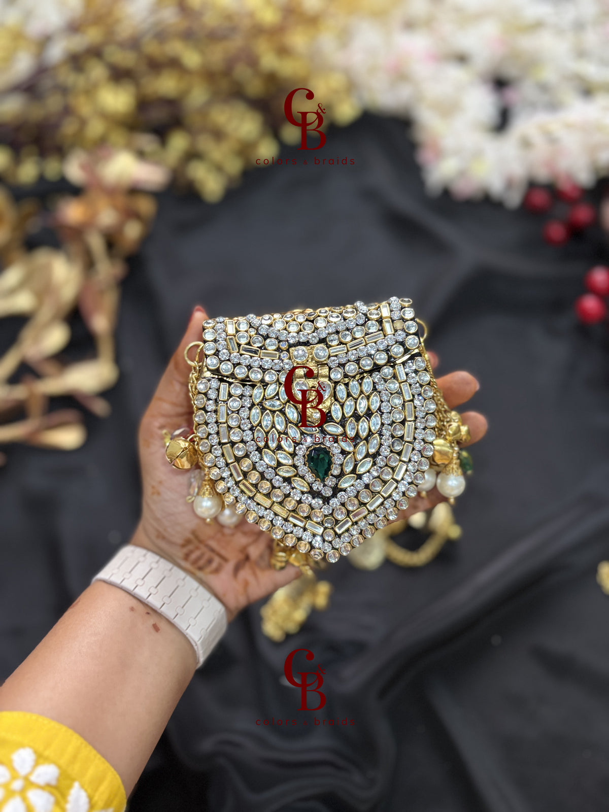 Mini Brass Kundan Stone Clutch with Charm Tassel Chain