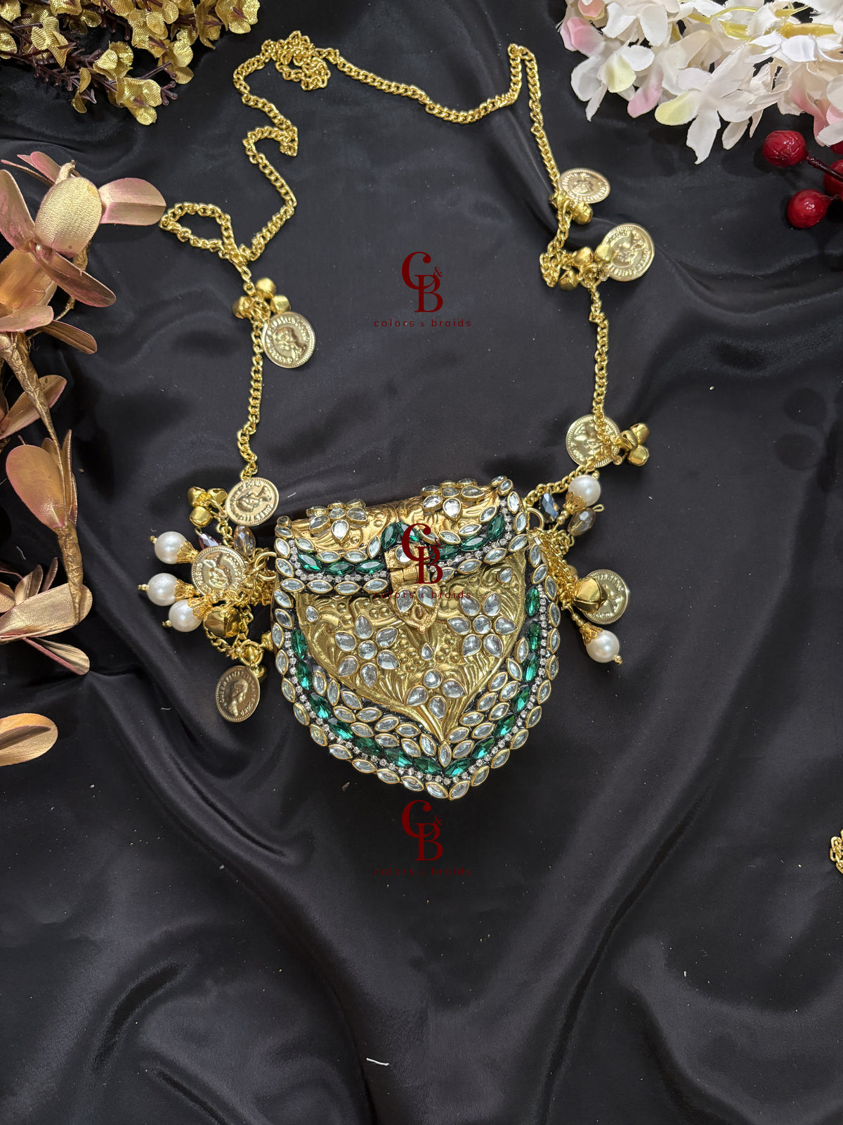 Mini Brass Kundan Stone Clutch with Charm Tassel Chain