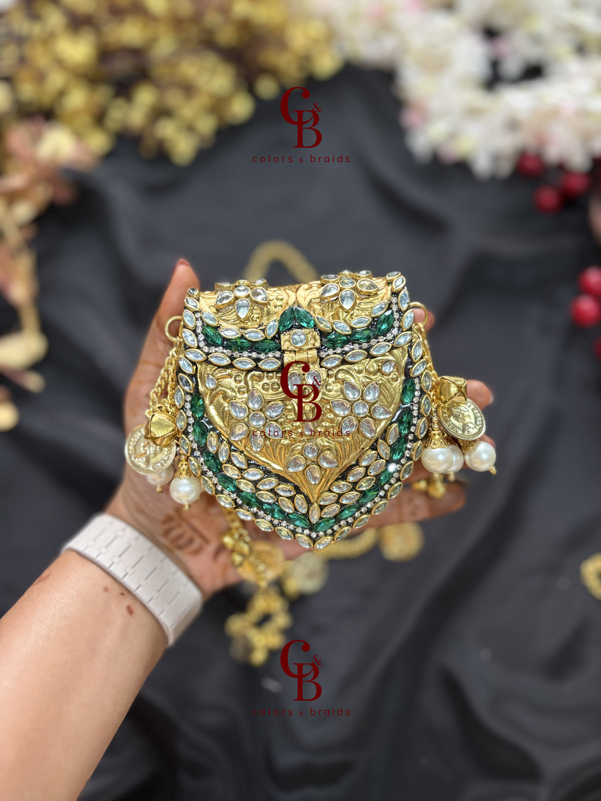 Mini Brass Kundan Stone Clutch with Charm Tassel Chain