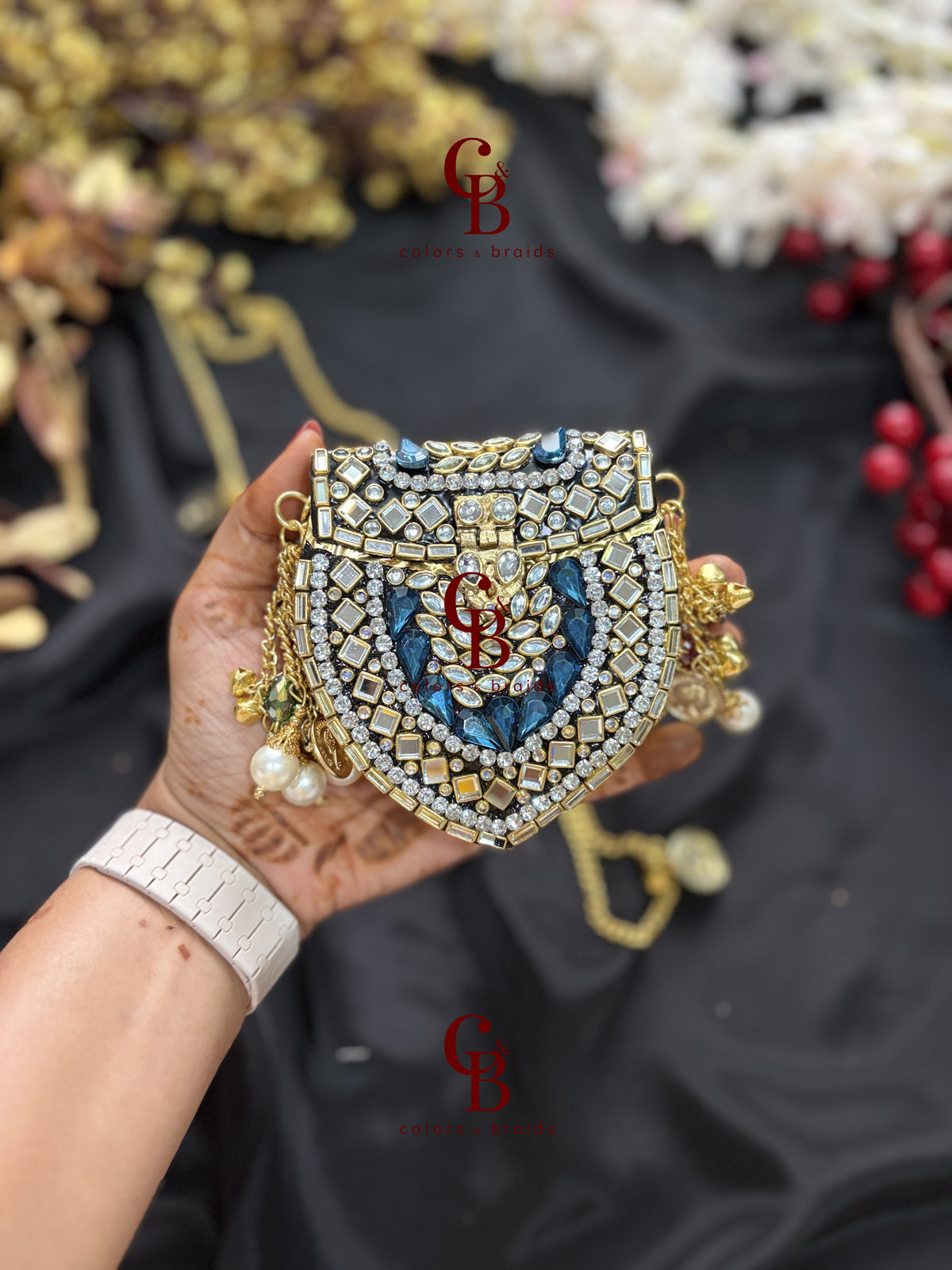 Mini Brass Kundan Stone Clutch with Charm Tassel Chain