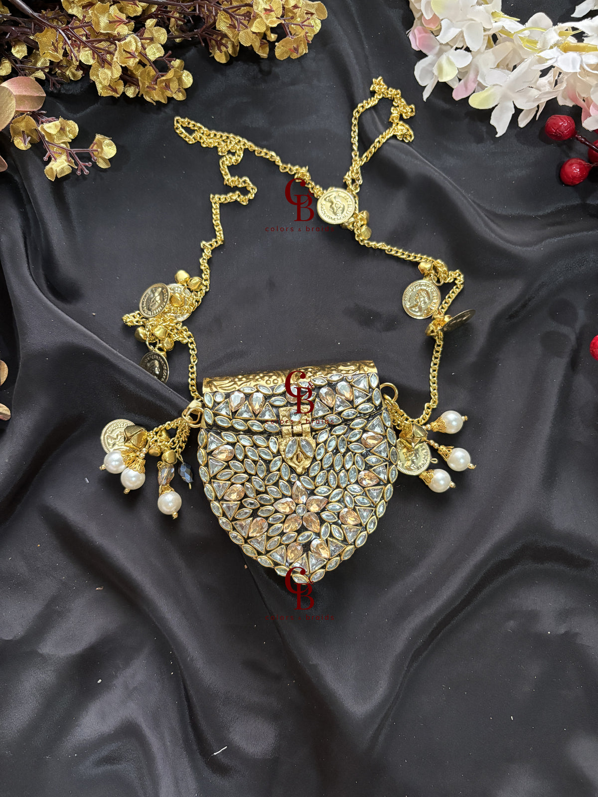 Mini Brass Kundan Stone Clutch with Charm Tassel Chain