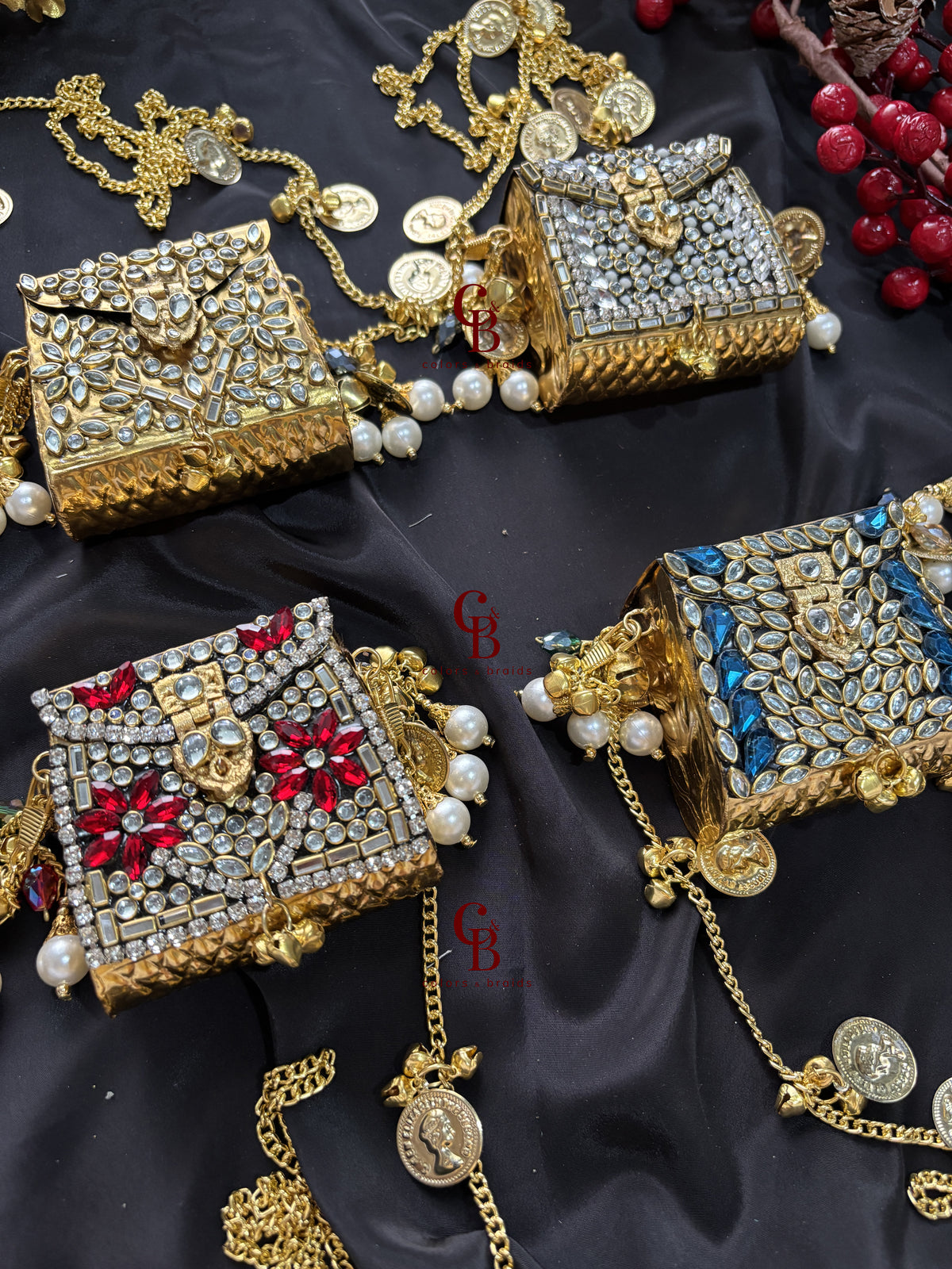 Brass Kundan Stone Clutch with Charm Tassel Chain - Mini