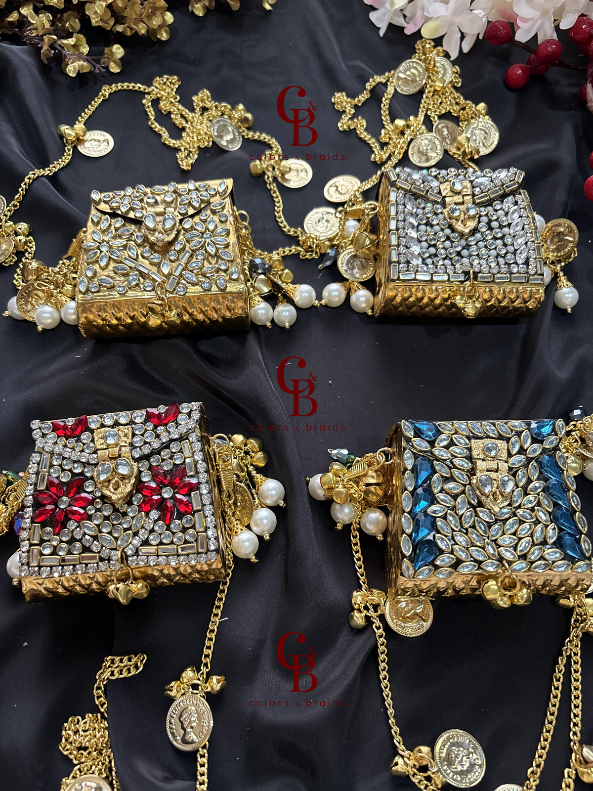 Brass Kundan Stone Clutch with Charm Tassel Chain - Mini