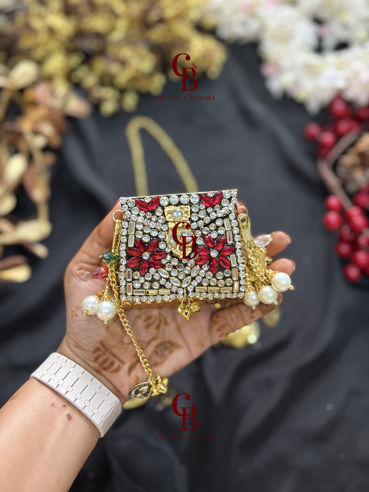 Brass Kundan Stone Clutch with Charm Tassel Chain - Mini