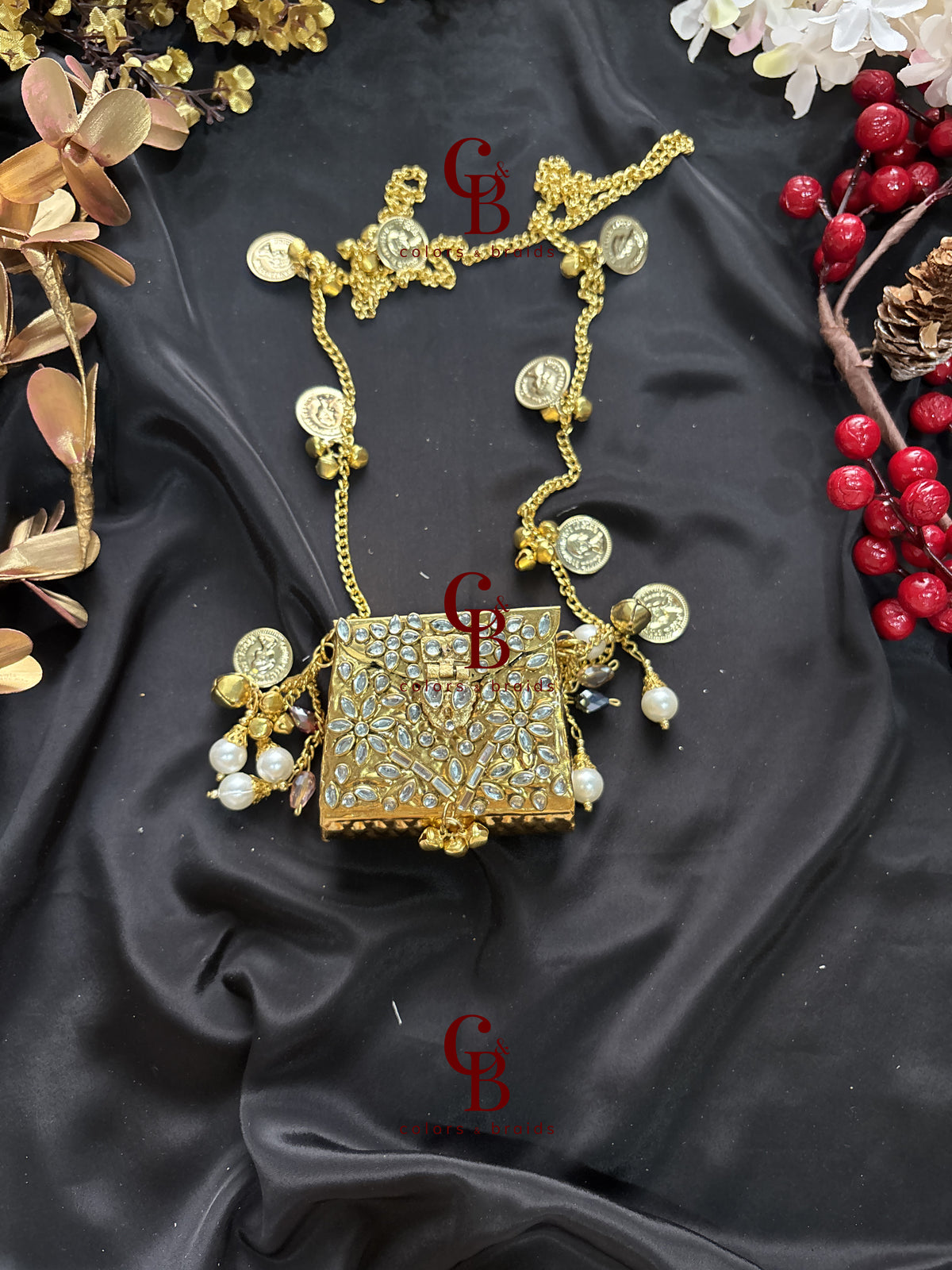 Brass Kundan Stone Clutch with Charm Tassel Chain - Mini
