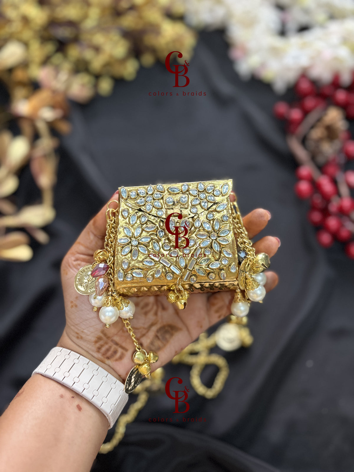 Brass Kundan Stone Clutch with Charm Tassel Chain - Mini