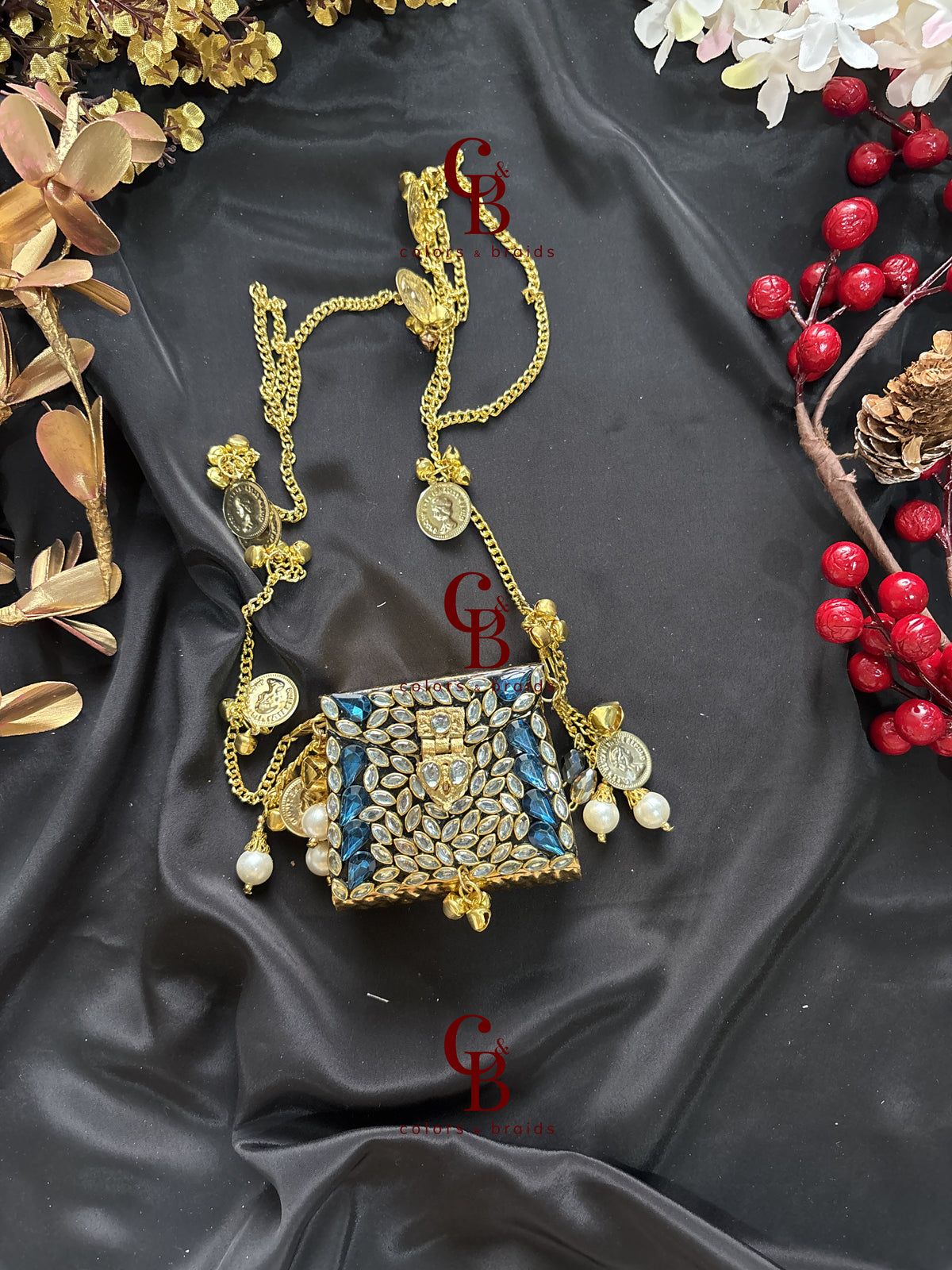 Brass Kundan Stone Clutch with Charm Tassel Chain - Mini