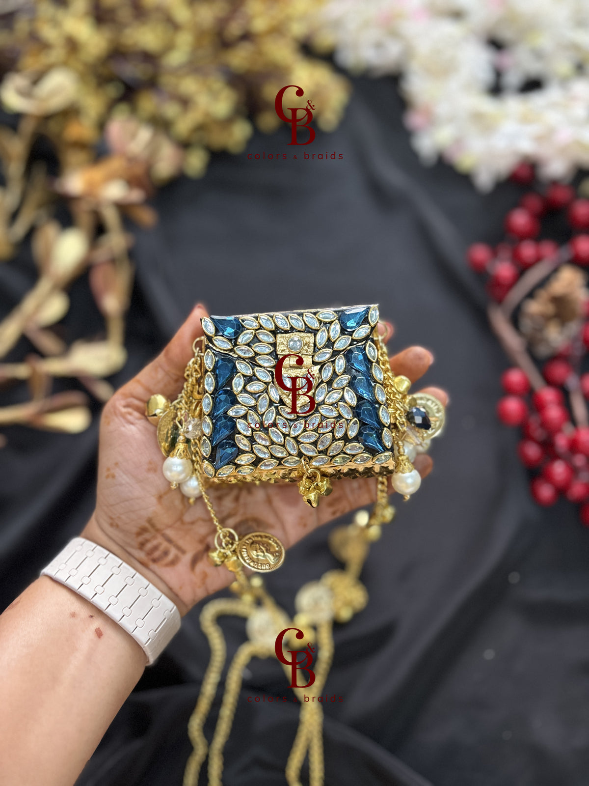 Brass Kundan Stone Clutch with Charm Tassel Chain - Mini