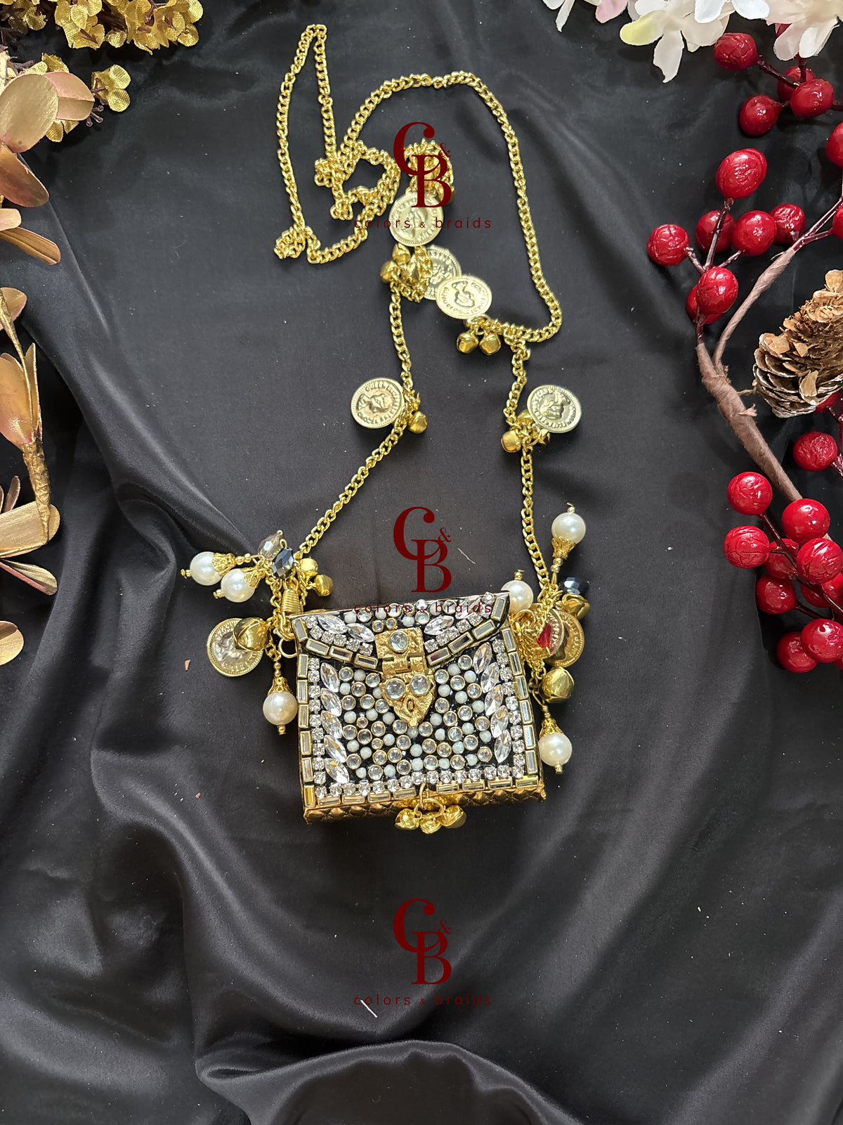 Brass Kundan Stone Clutch with Charm Tassel Chain - Mini
