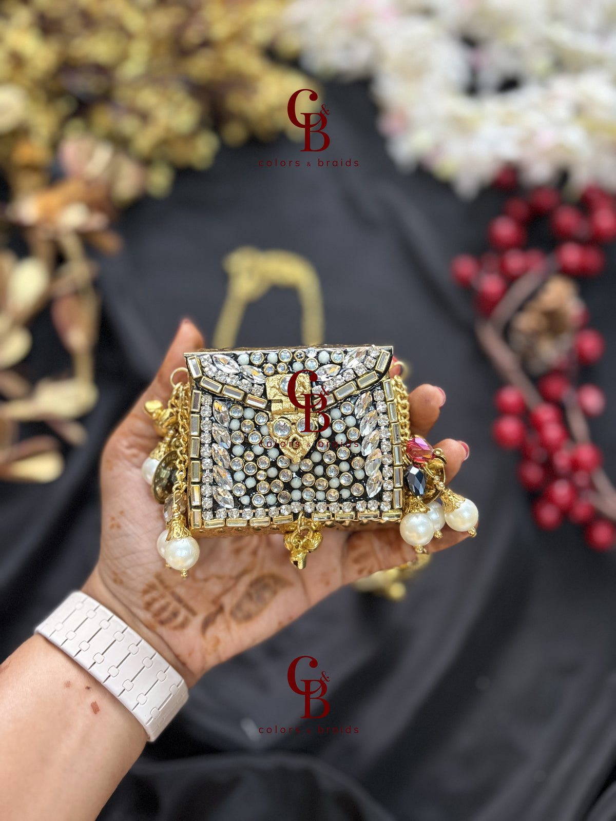 Brass Kundan Stone Clutch with Charm Tassel Chain - Mini