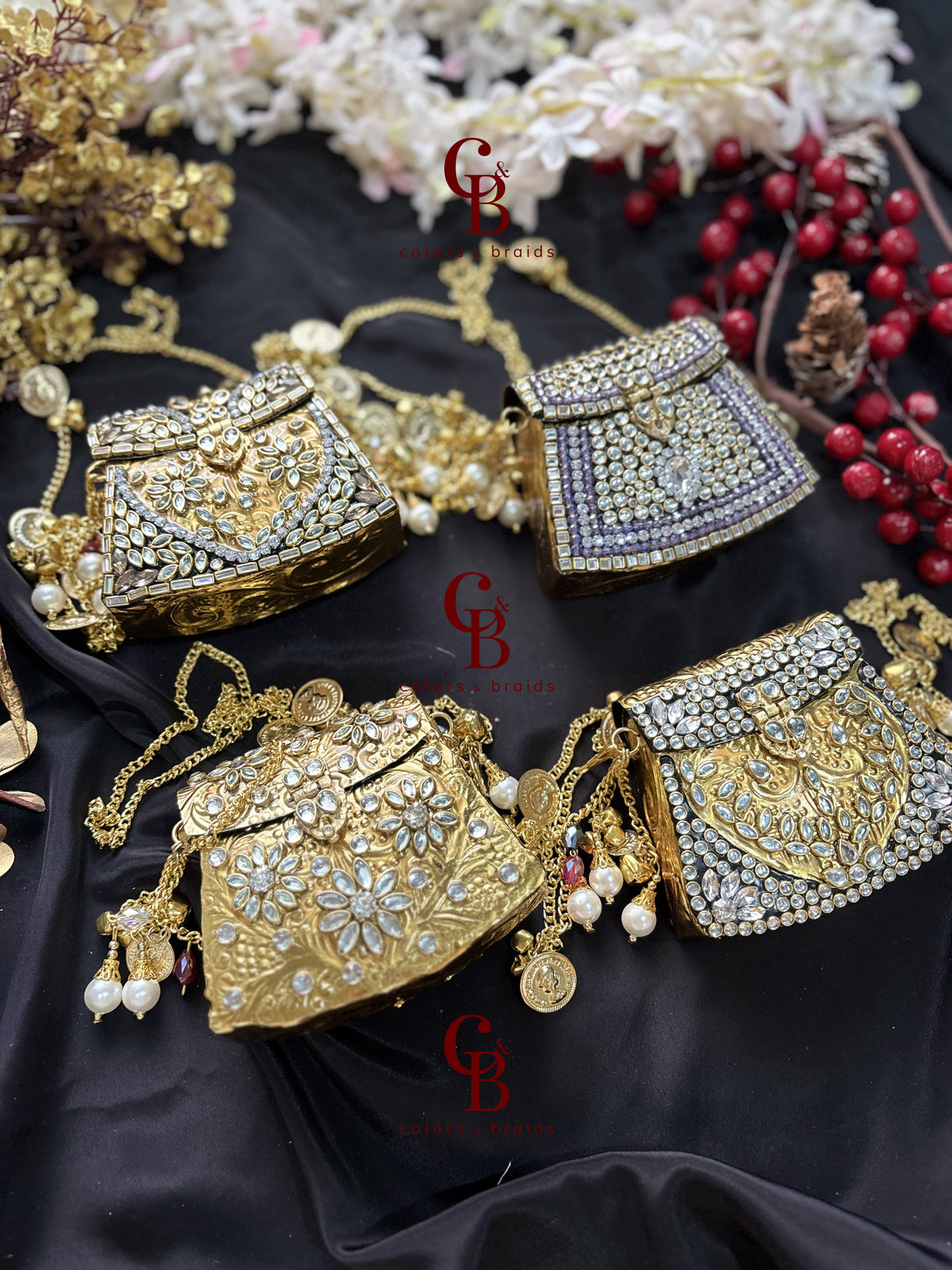 Brass Mini Kundan Stone Clutch with Charm Tassel Chain