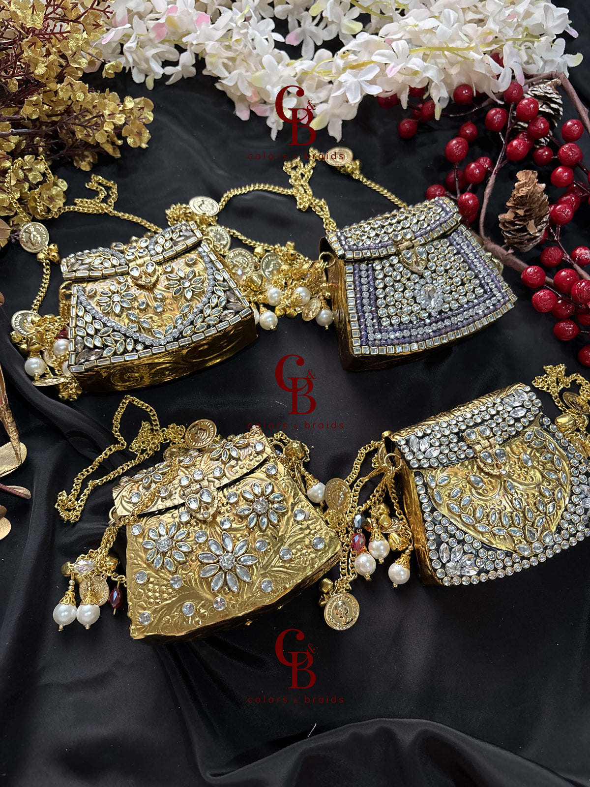 Brass Mini Kundan Stone Clutch with Charm Tassel Chain