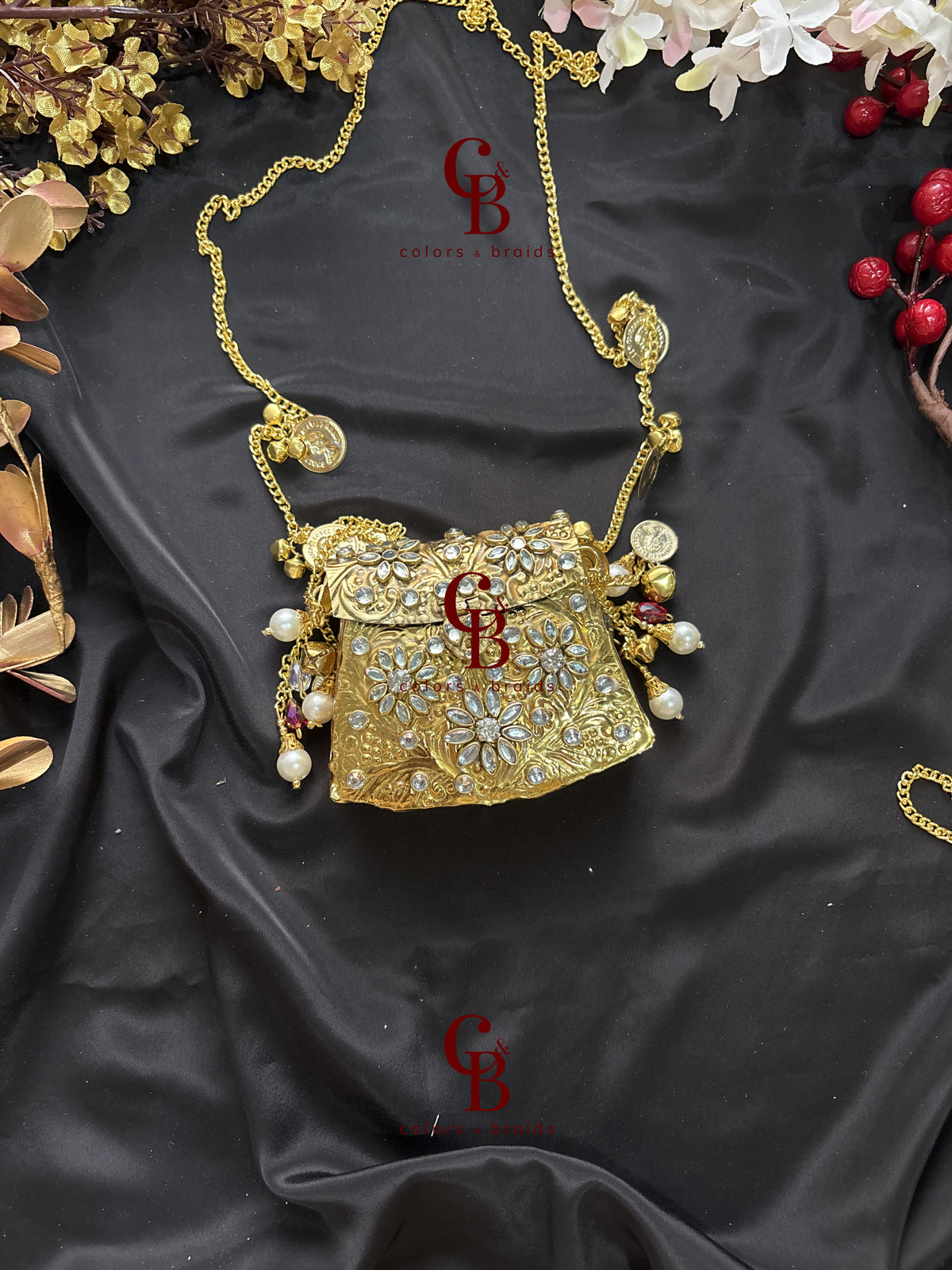 Brass Mini Kundan Stone Clutch with Charm Tassel Chain