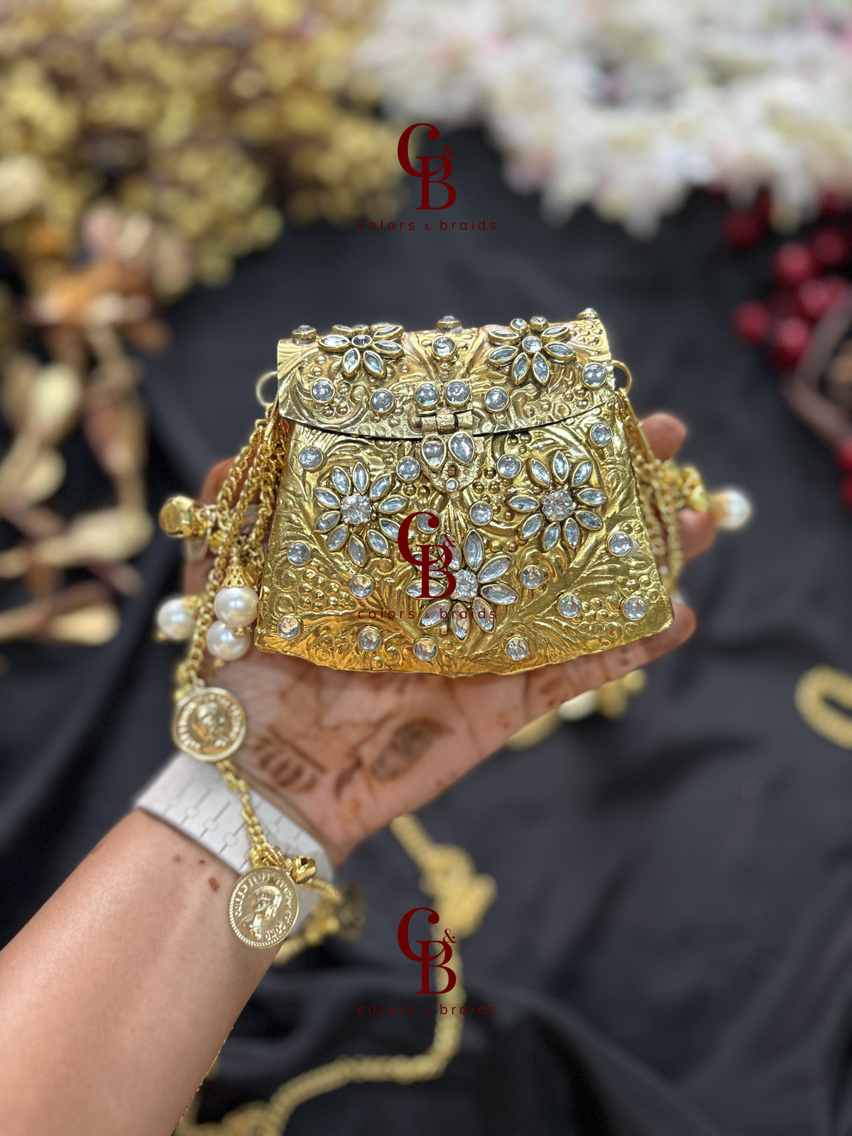 Brass Mini Kundan Stone Clutch with Charm Tassel Chain