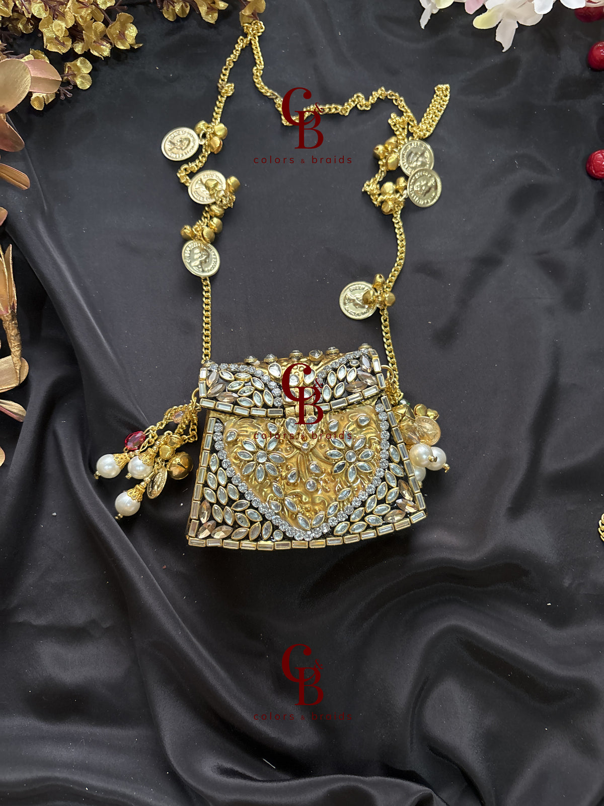 Brass Mini Kundan Stone Clutch with Charm Tassel Chain