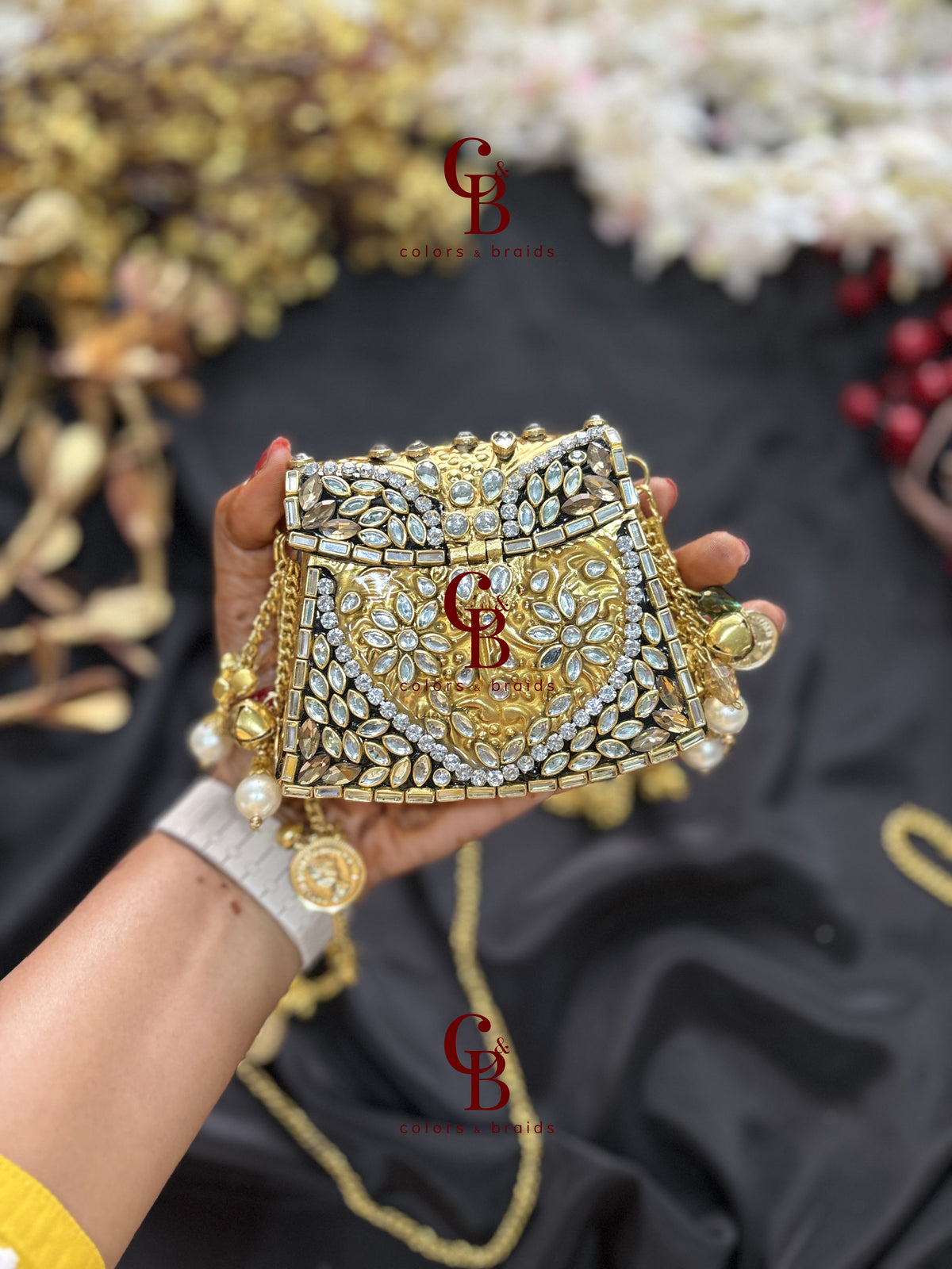 Brass Mini Kundan Stone Clutch with Charm Tassel Chain