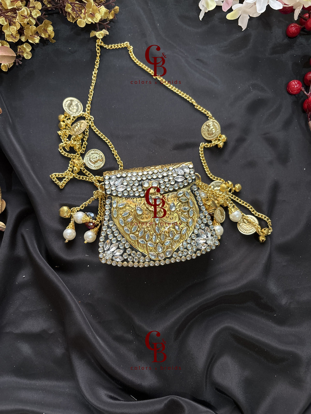 Brass Mini Kundan Stone Clutch with Charm Tassel Chain