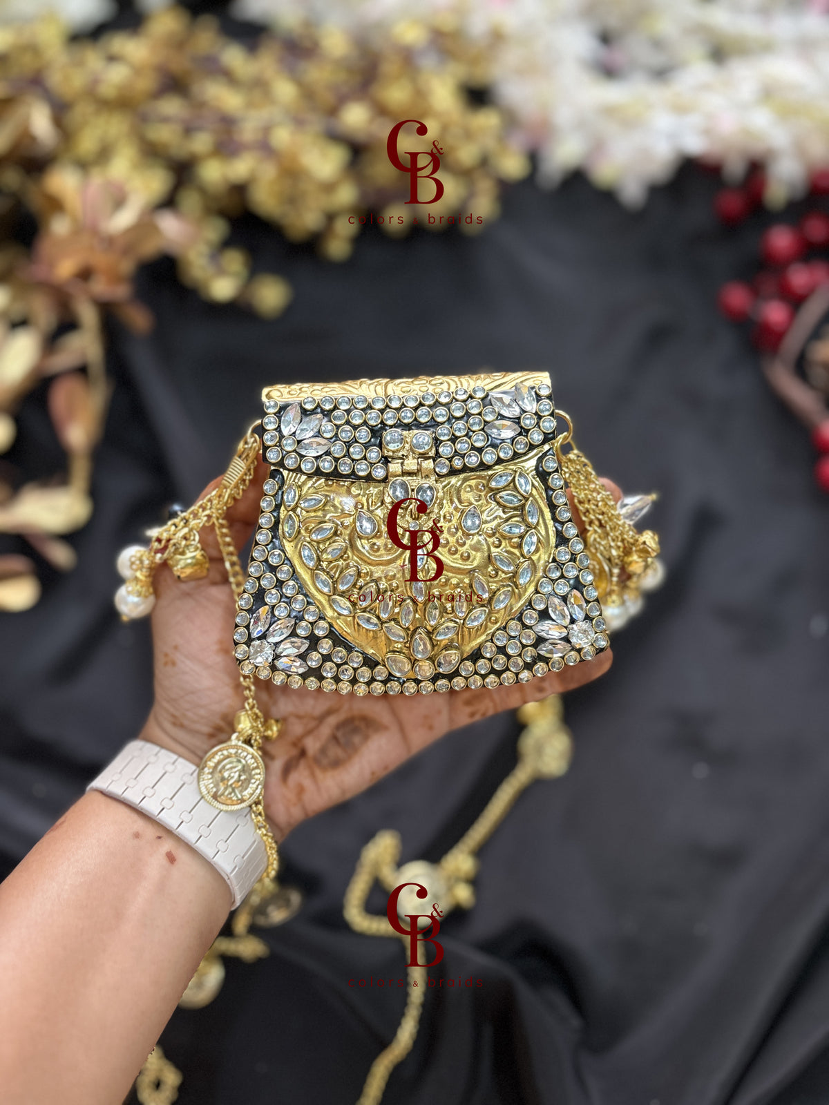 Brass Mini Kundan Stone Clutch with Charm Tassel Chain