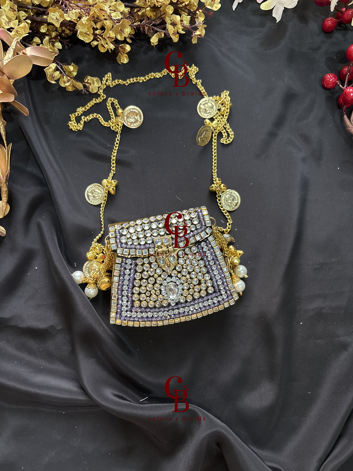 Brass Mini Kundan Stone Clutch with Charm Tassel Chain