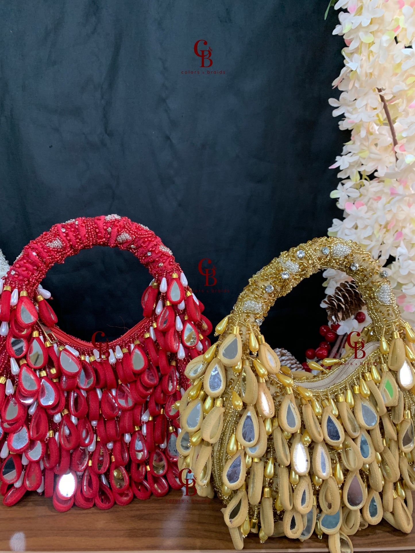 Zoe Mirror _ Gold, Red, Pink and Red Potli
