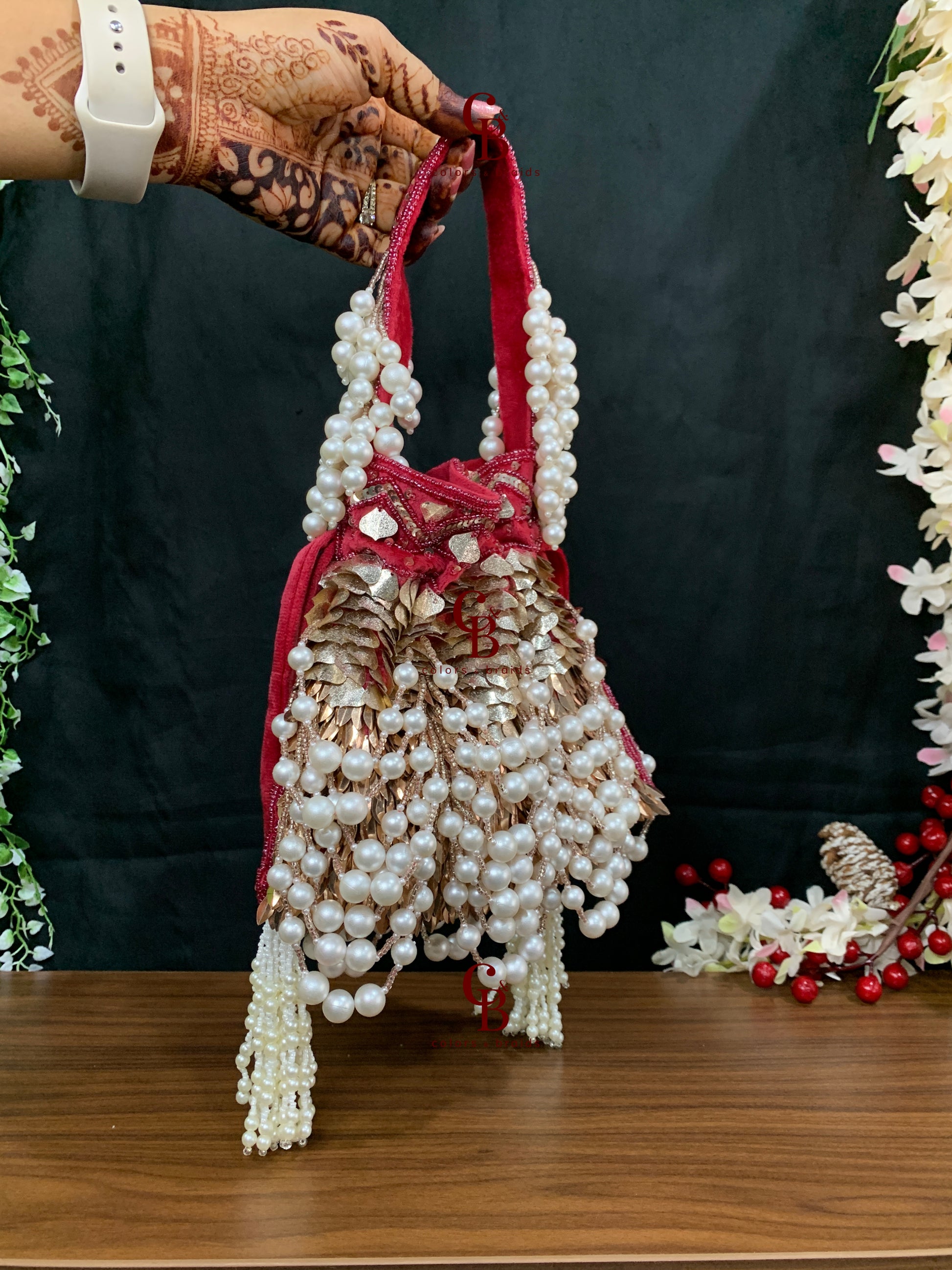 Sequin Jhallar Pearl Red and Magenta Pink Potli