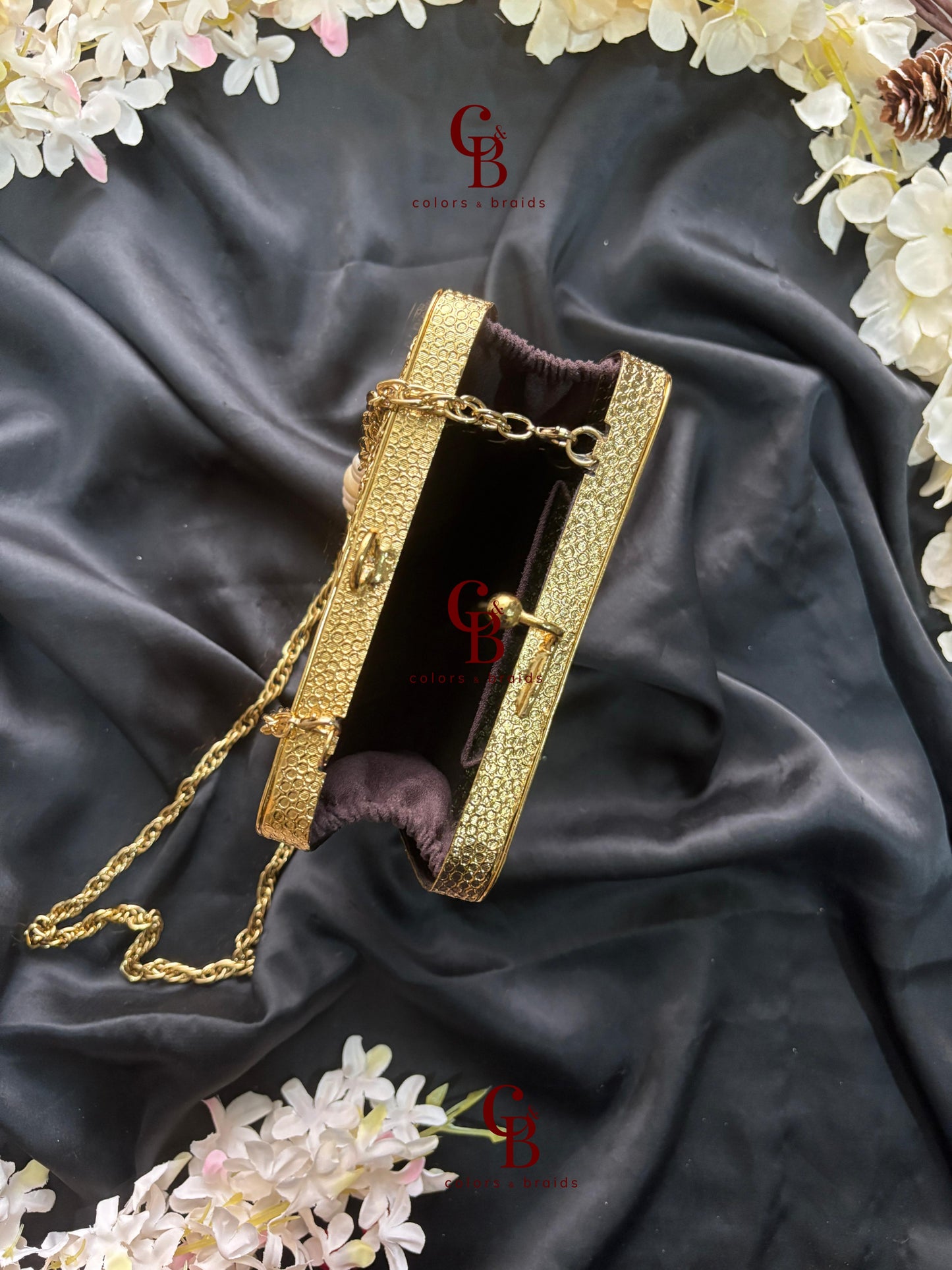 Crescent Square Mother of Pearl Brass Clutch