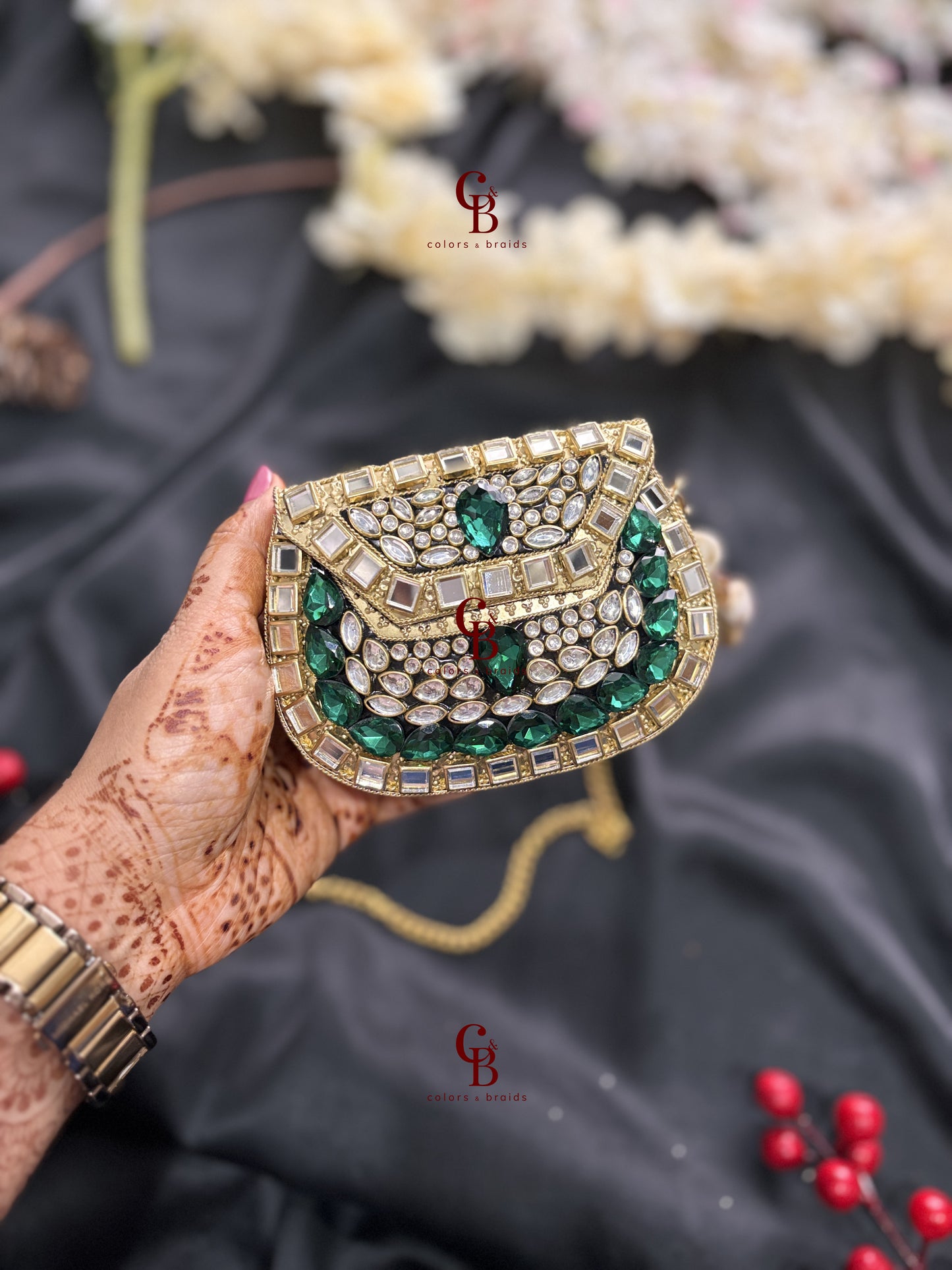 Mini Brass Clutch - Green Crystals and Kundan stones