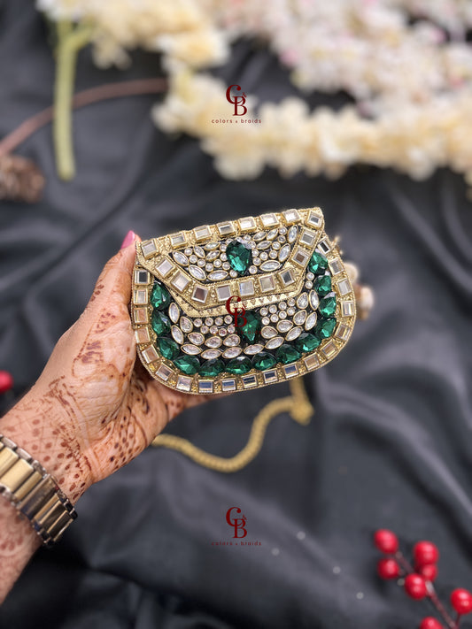Mini Brass Clutch - Green Crystals and Kundan stones