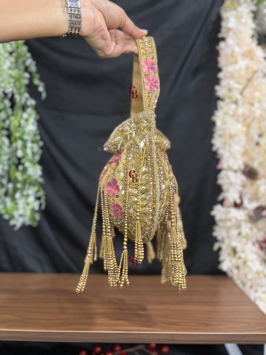 Pink Flower Potli - Gold Base