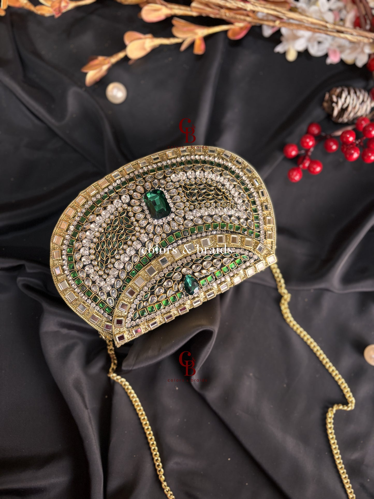 Aafreen Green Crystal Kundan Clutch