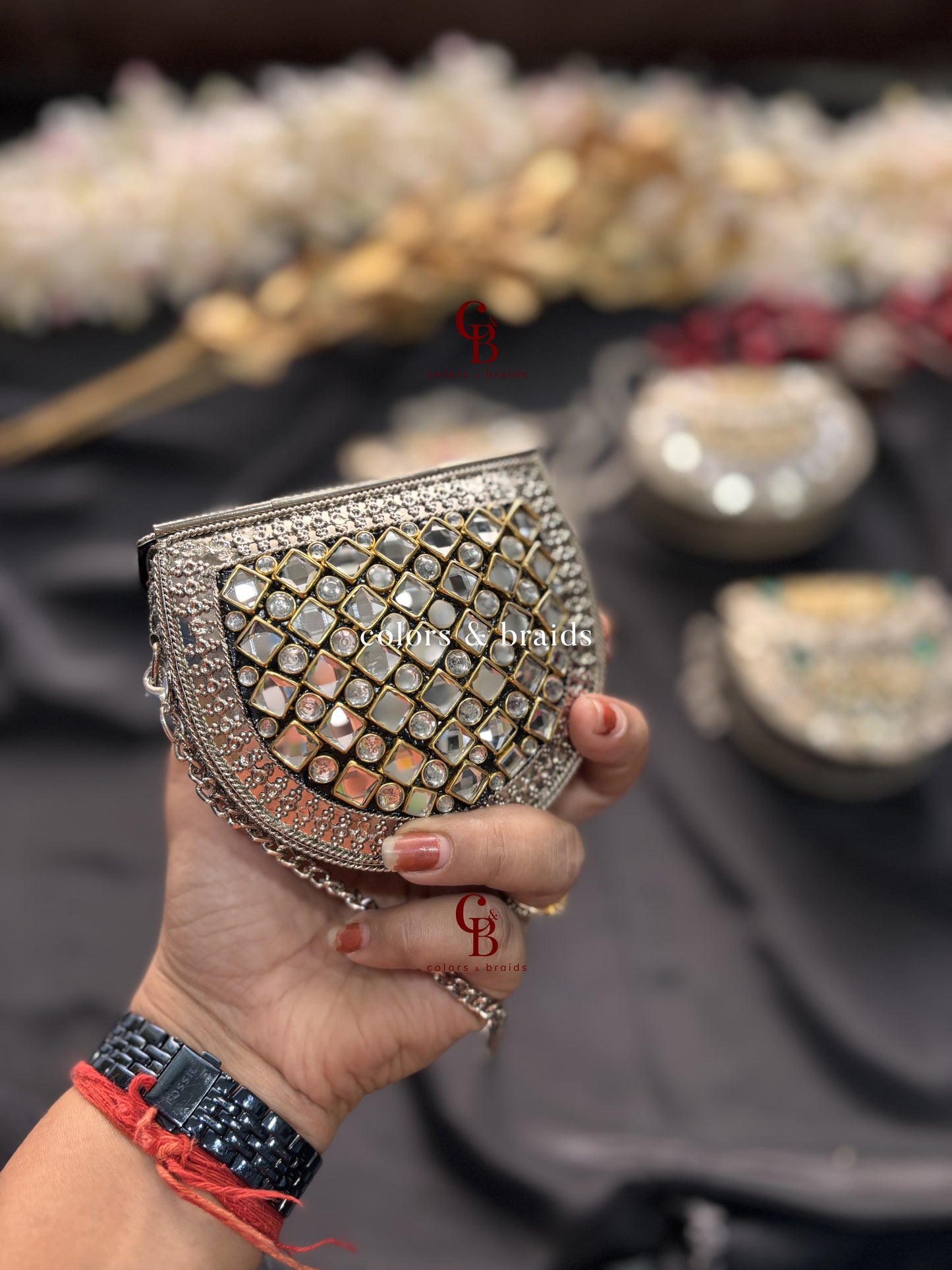 Zohra Mini Kundan Clutch - SIlver