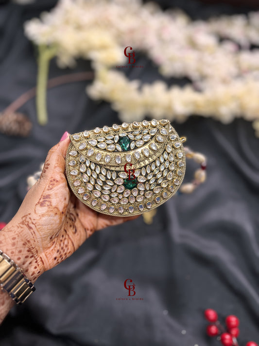 Mini Brass Clutch - Green Kundan Stones