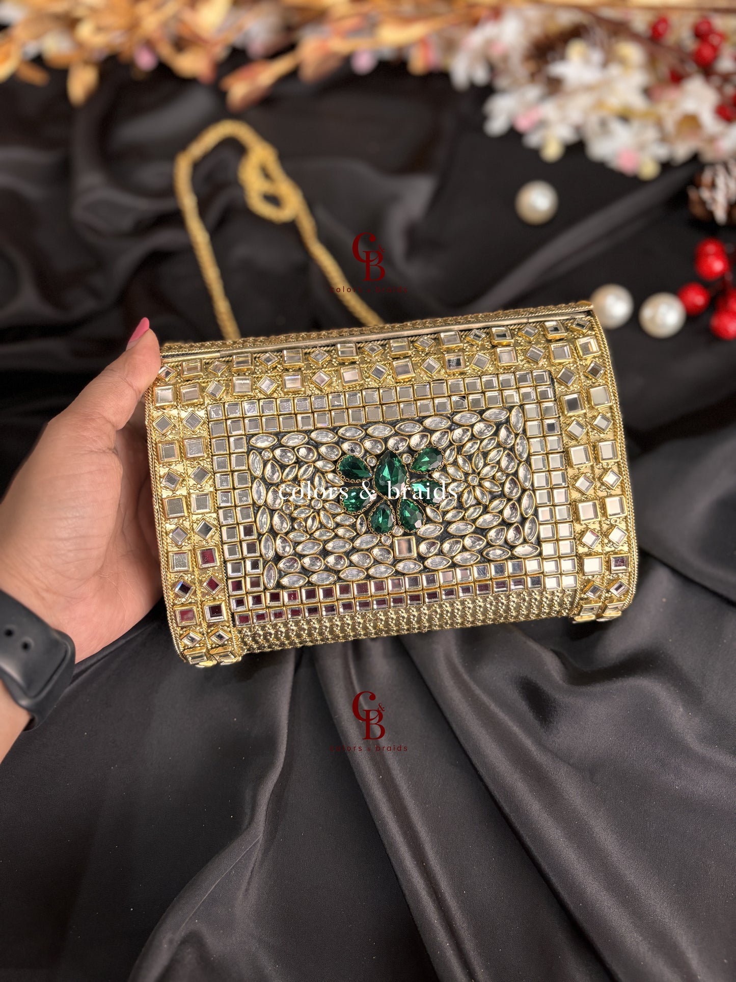 Alira Kundan and Green Crystal Clutch